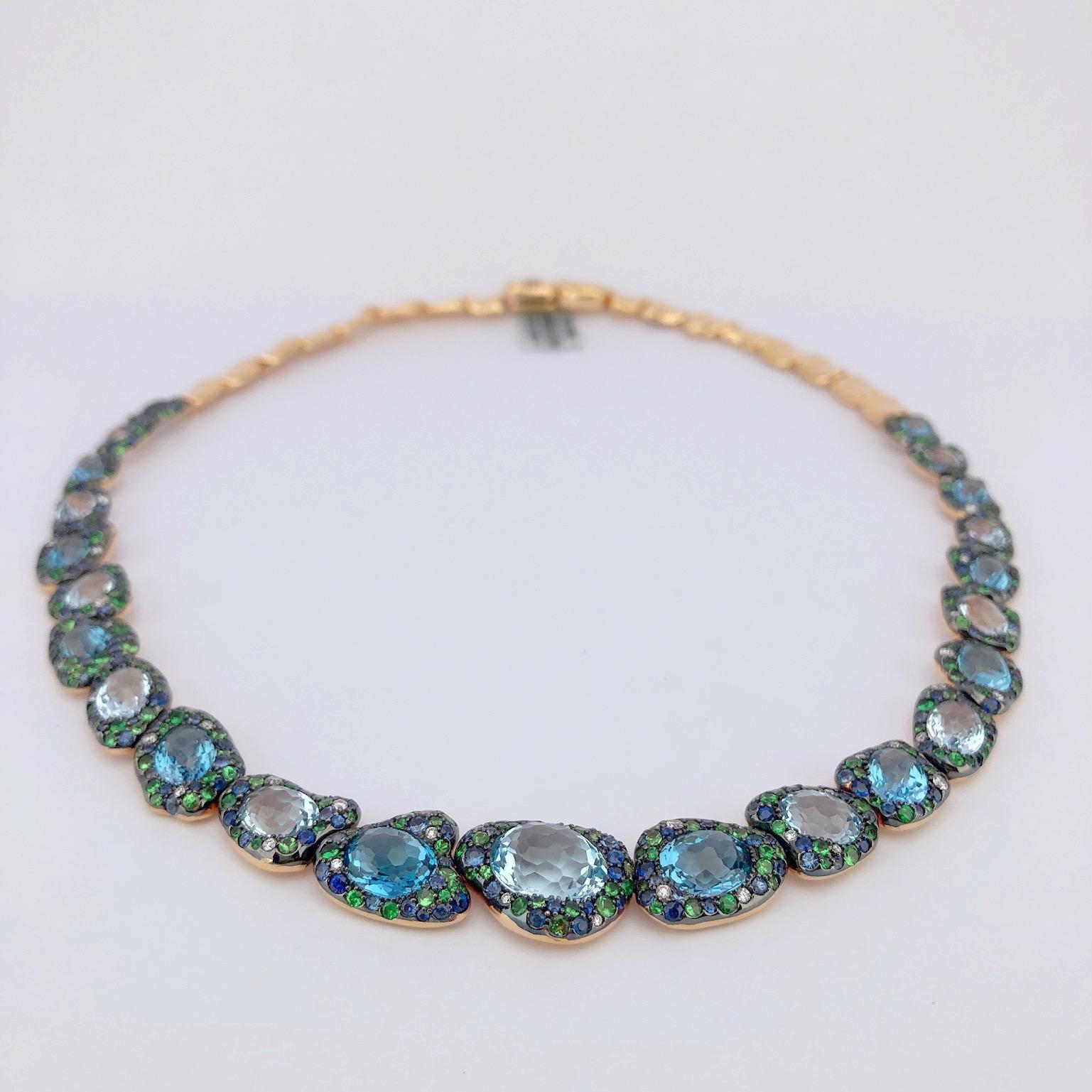 Oval Cut Rodney Rayner 18kt RG, Blue Sapphire, Blue Topaz, Tsavorite and Diamond Necklace