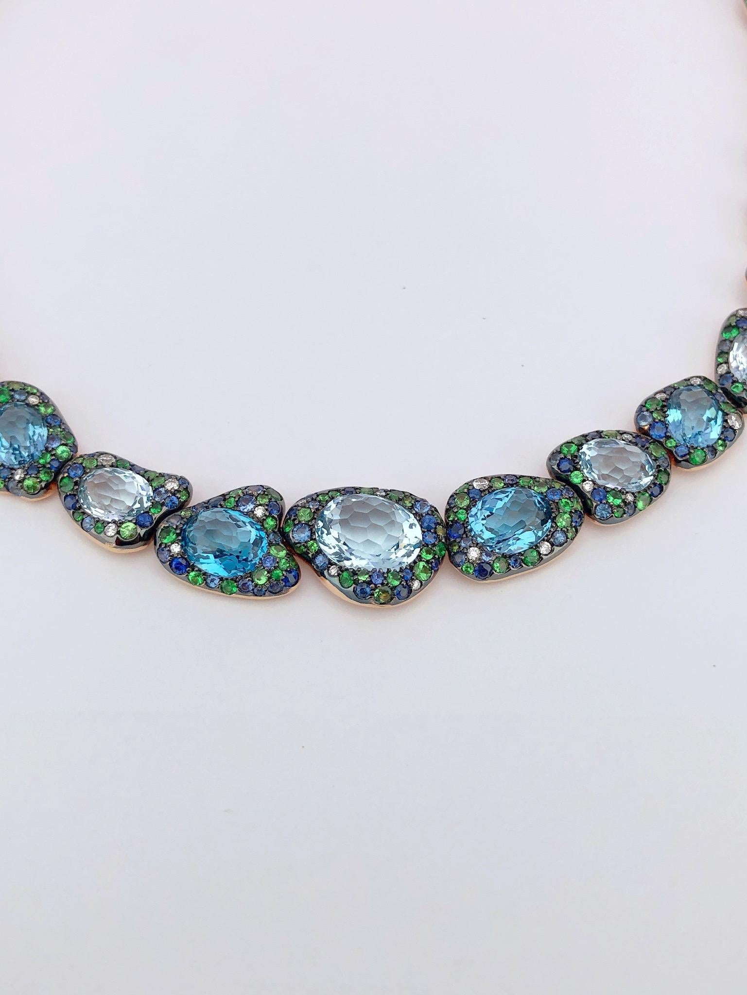 Rodney Rayner 18kt RG, Blue Sapphire, Blue Topaz, Tsavorite and Diamond Necklace In New Condition In New York, NY