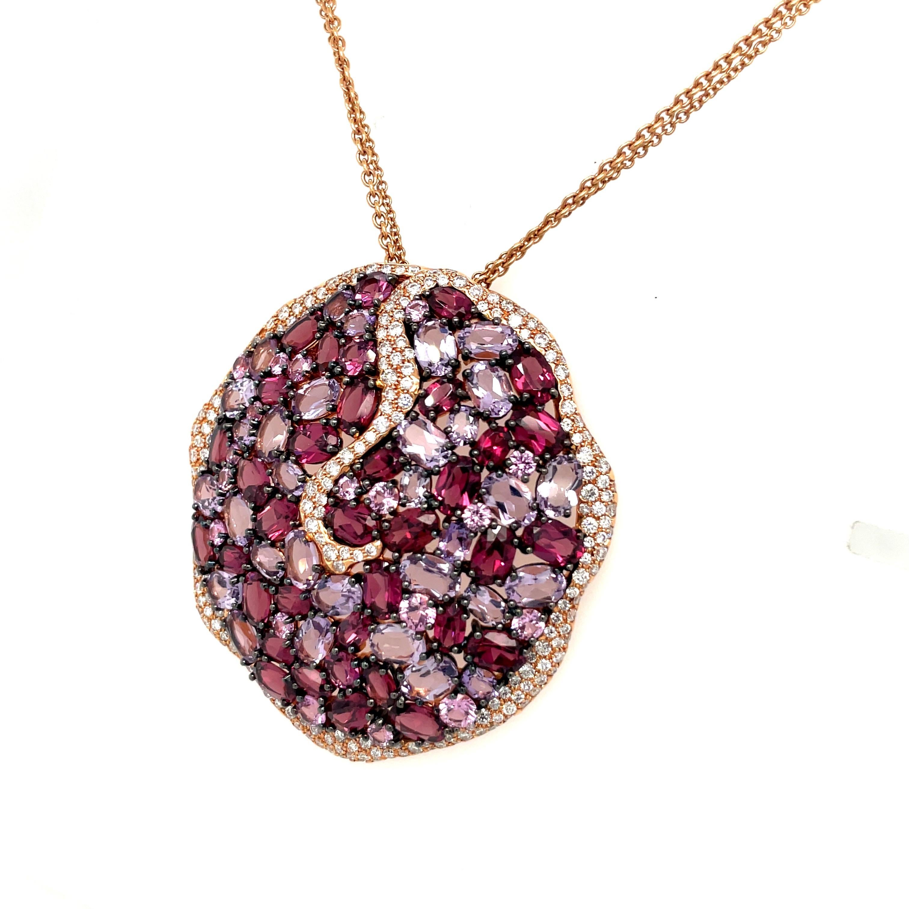 Contemporary Rodney Rayner 18KT Rose Gold Pendant with Diamonds, Rhodolite, & Amethyst For Sale