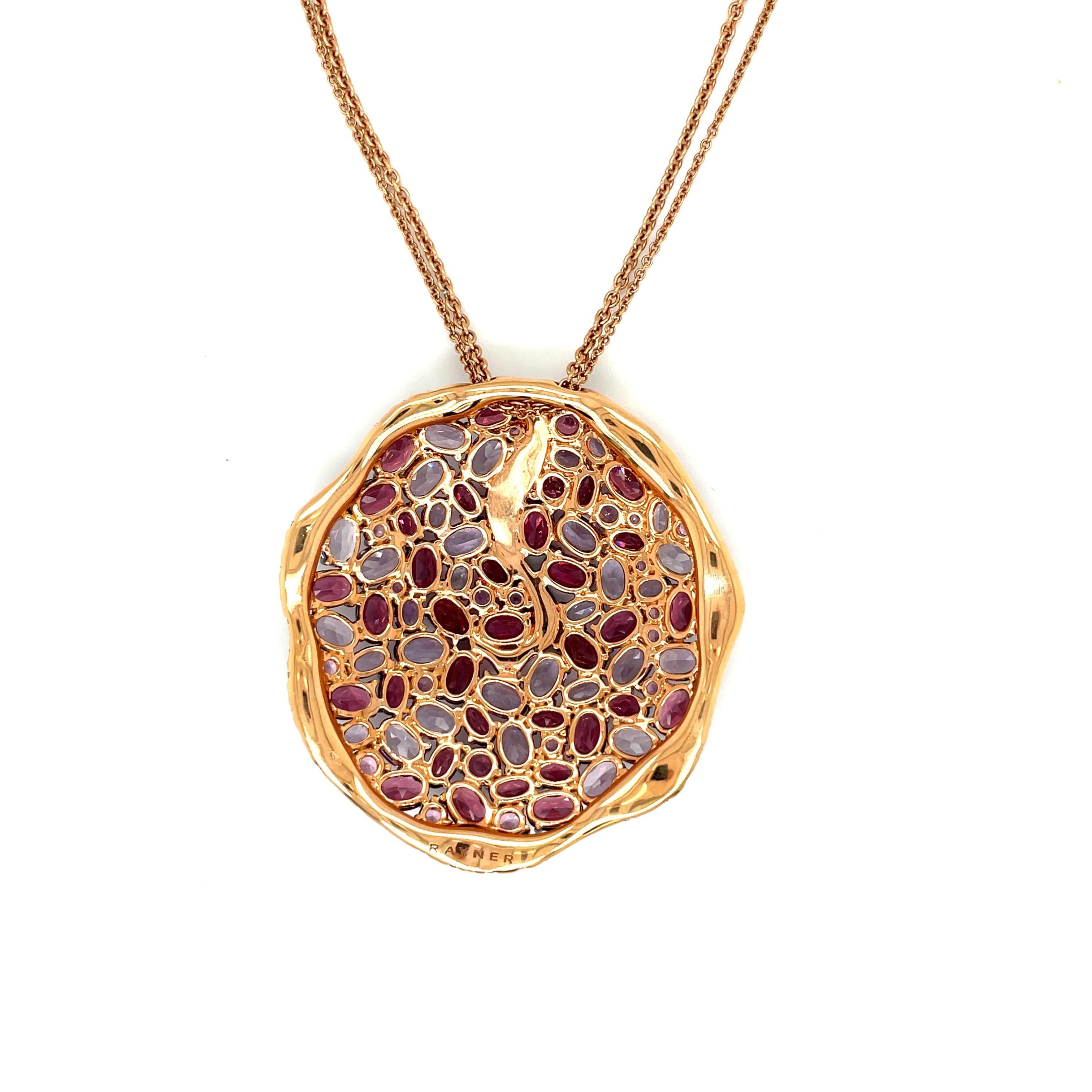 Oval Cut Rodney Rayner 18KT Rose Gold Pendant with Diamonds, Rhodolite, & Amethyst For Sale