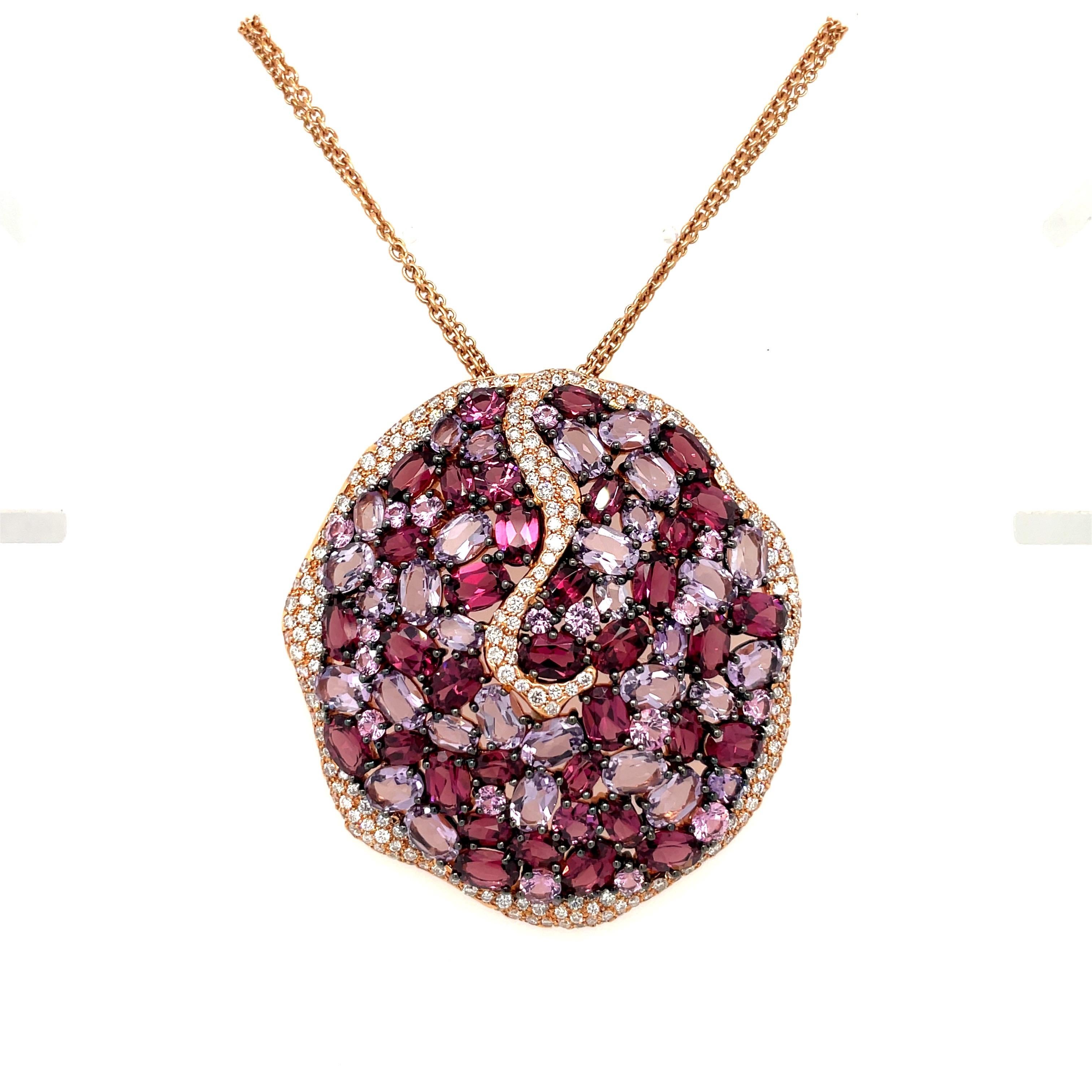 Rodney Rayner 18KT Rose Gold Pendant with Diamonds, Rhodolite, & Amethyst For Sale