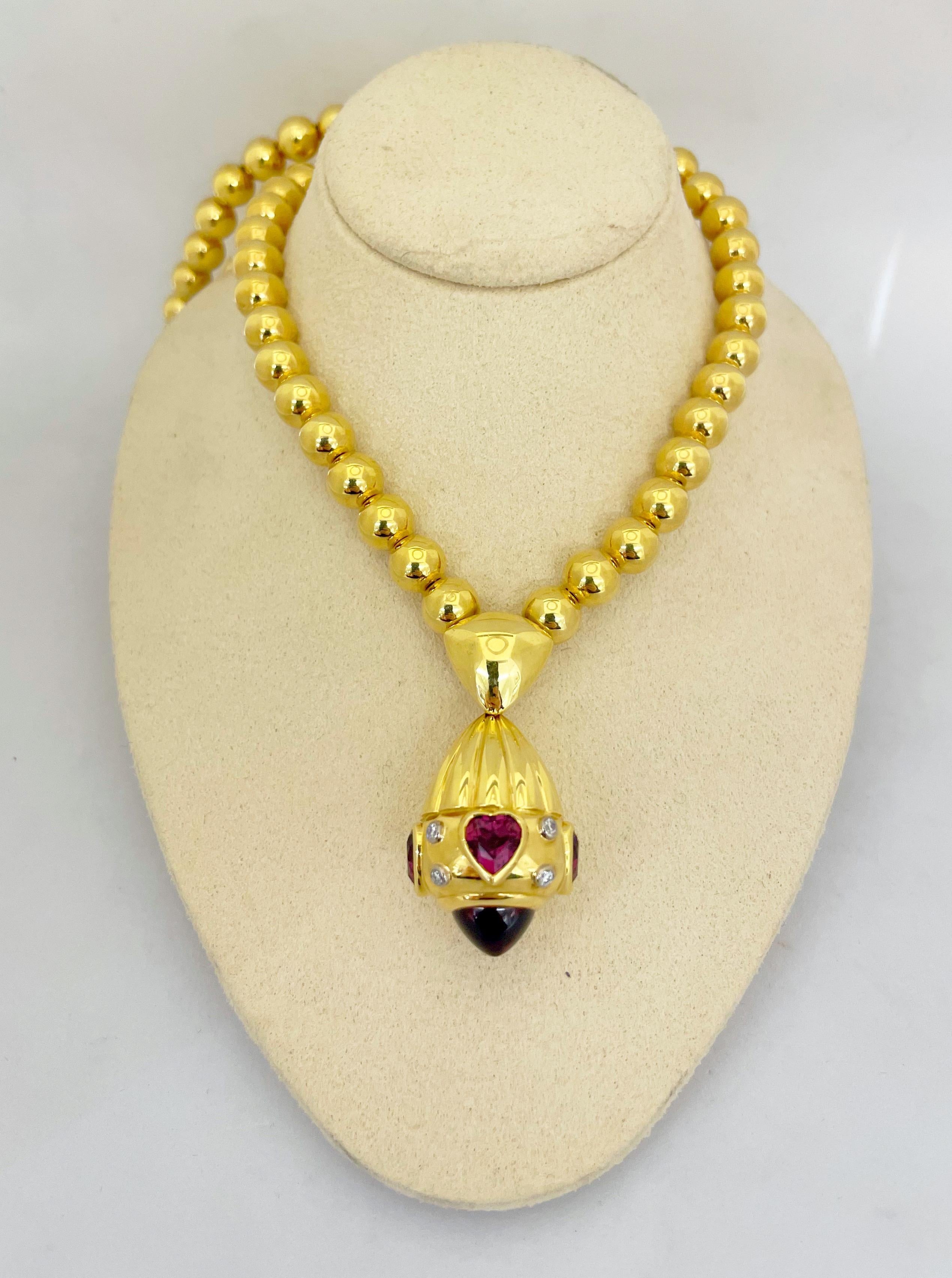 Rodney Rayner Perlenkette aus 18 Karat Gold mit Rhodolithherzen und Diamanten im Zustand „Neu“ im Angebot in New York, NY