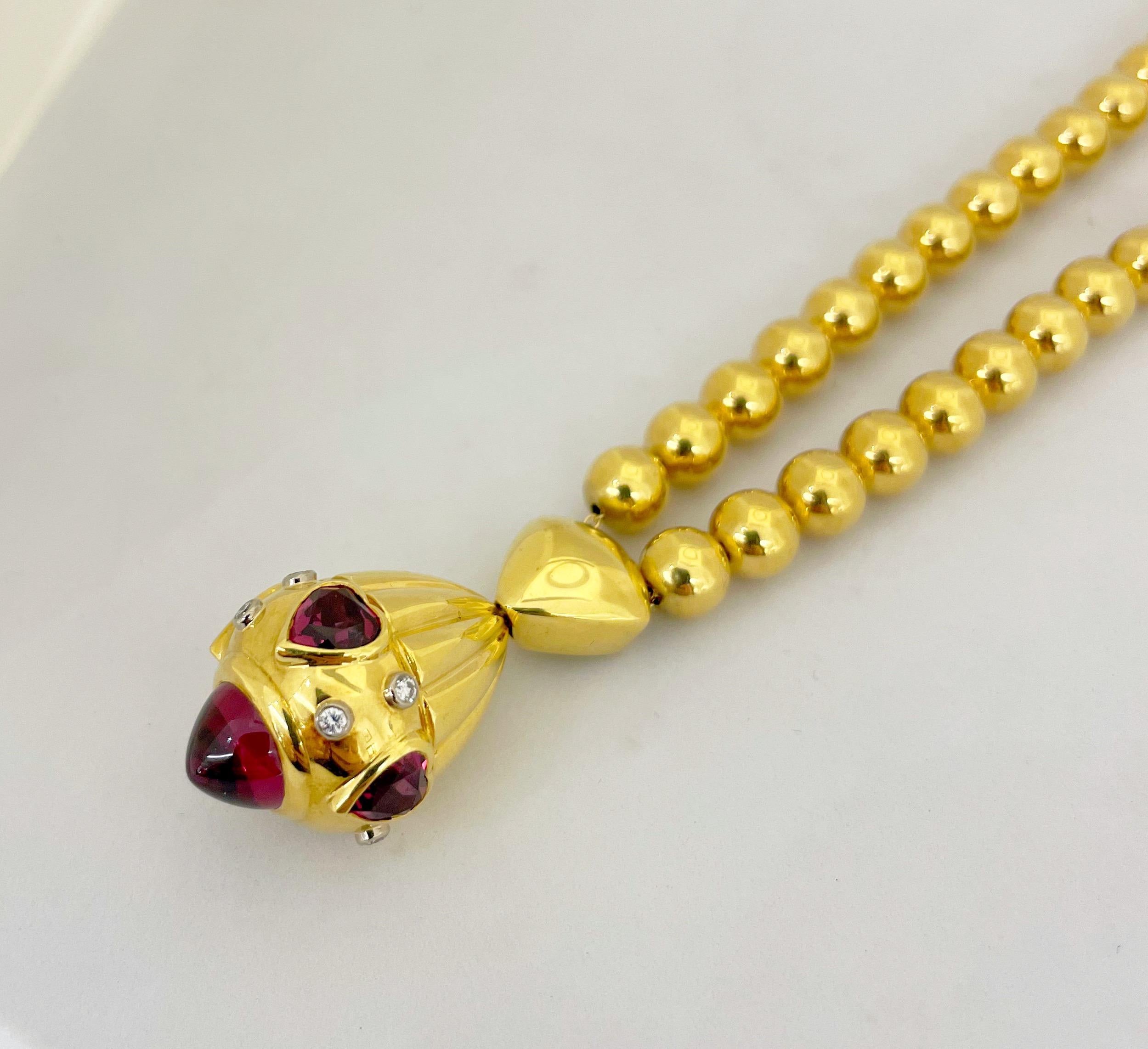 Modern Rodney Rayner 18 Karat Gold Bead Necklace with Rhodolite Hearts and Diamonds For Sale