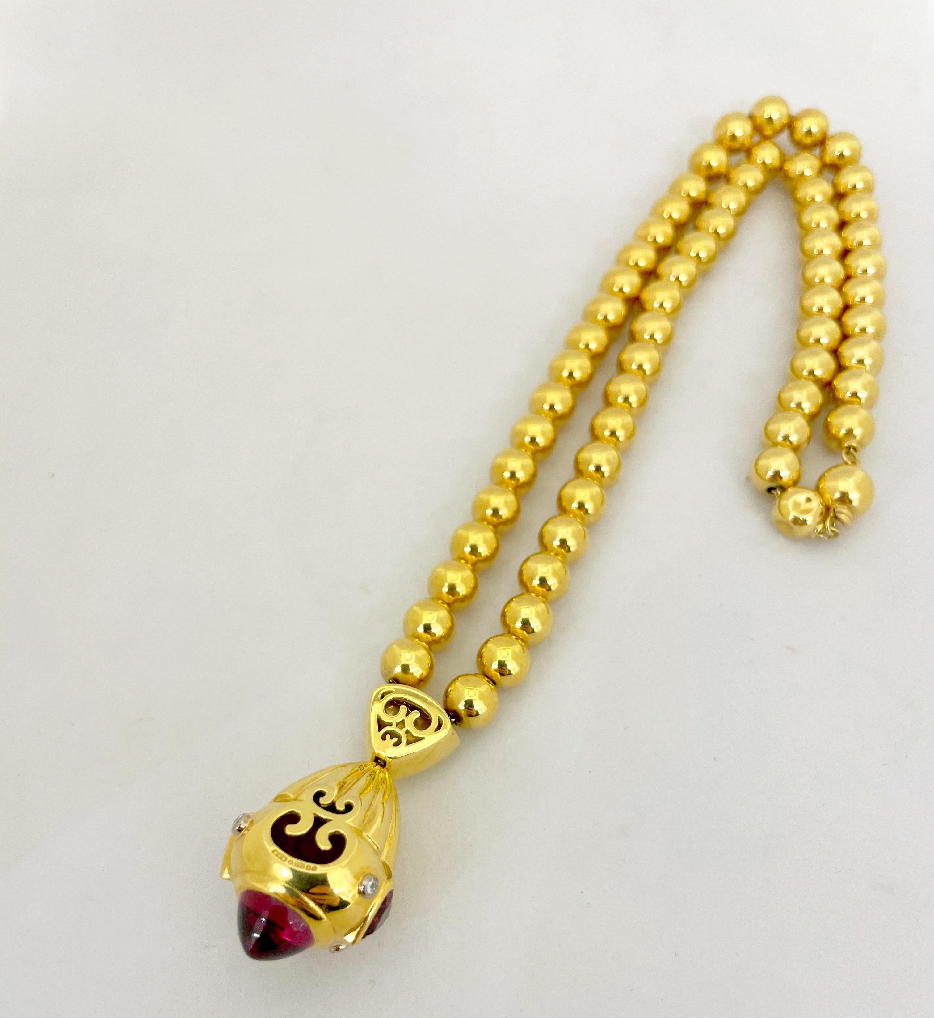 Heart Cut Rodney Rayner 18 Karat Gold Bead Necklace with Rhodolite Hearts and Diamonds For Sale