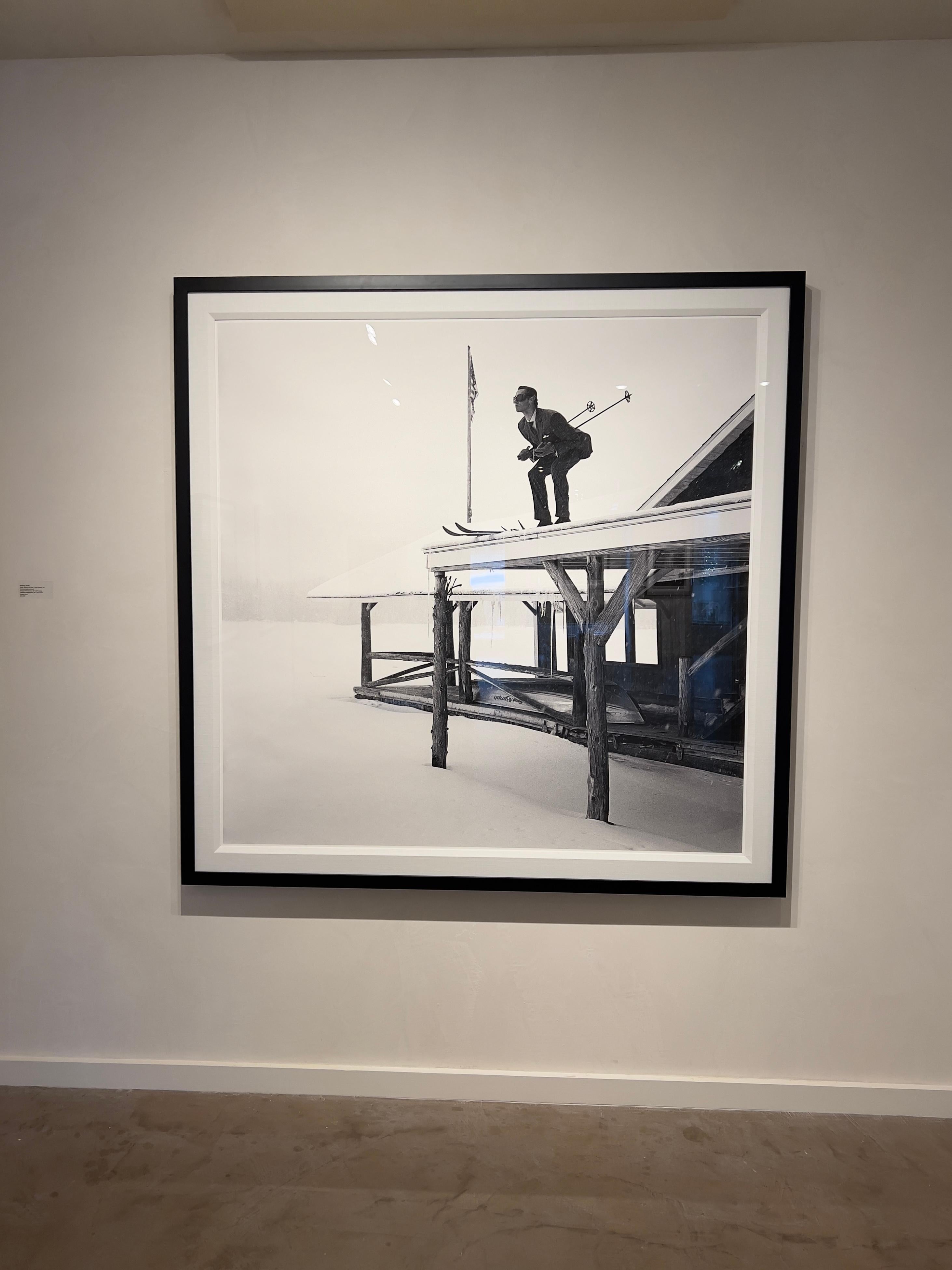 Reed Skiing off Roof- black and white framed photograph by Rodney Smith For Sale 1