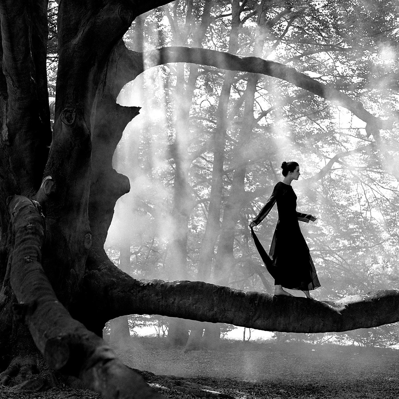 Rodney Smith Figurative Photograph - Woman Balancing on Tree Limb, Snedens Landing, New York - 40 x 40 inches