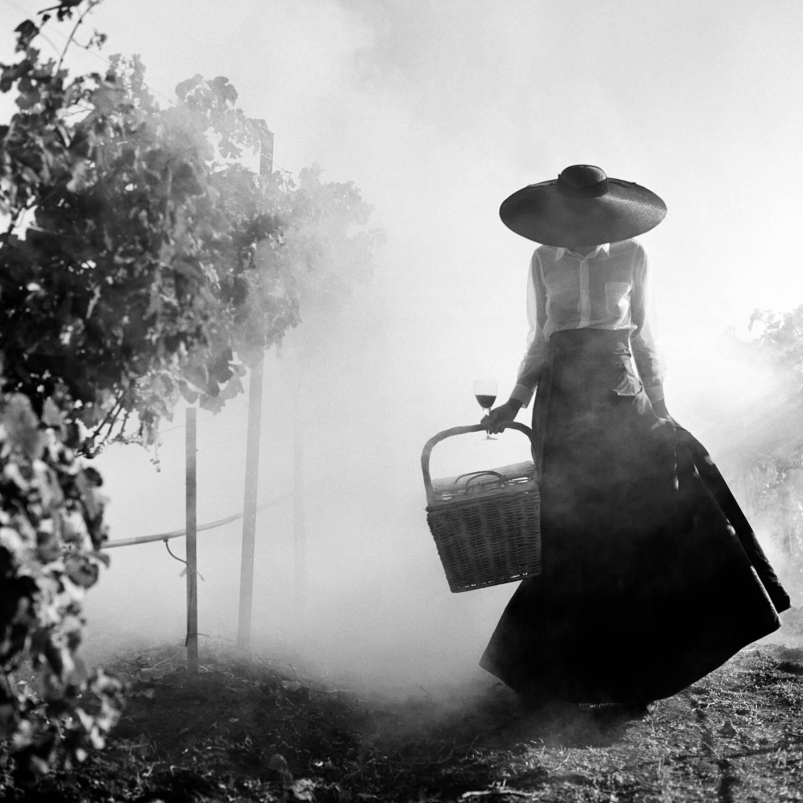 Rodney Smith Black and White Photograph - Woman Holding Dress Walking through Vineyard- Black and white 40 x 40 inch photo