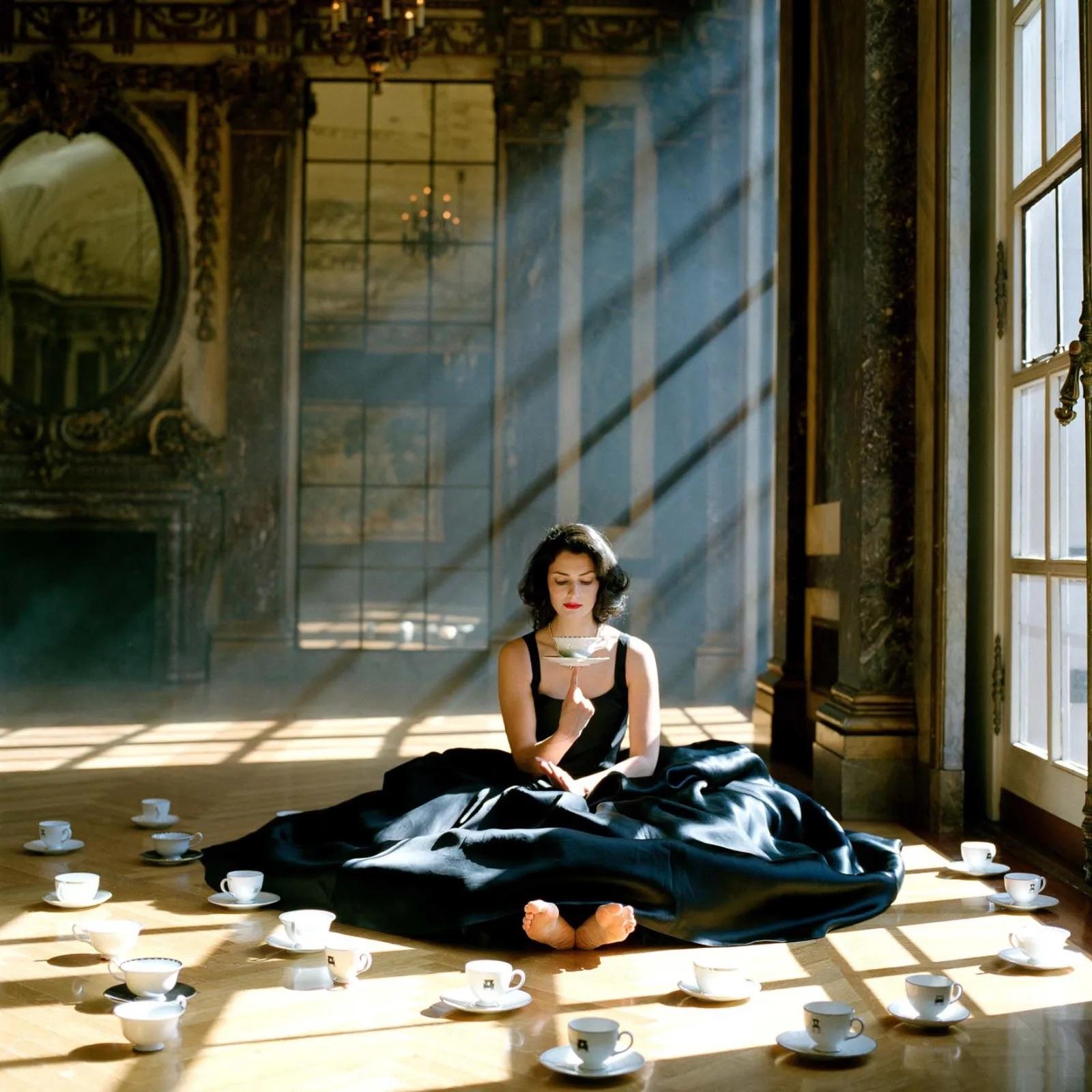 Rodney Smith Color Photograph – Zoe balanciert Teetasse auf dem Finger, Burden Mansion, New York