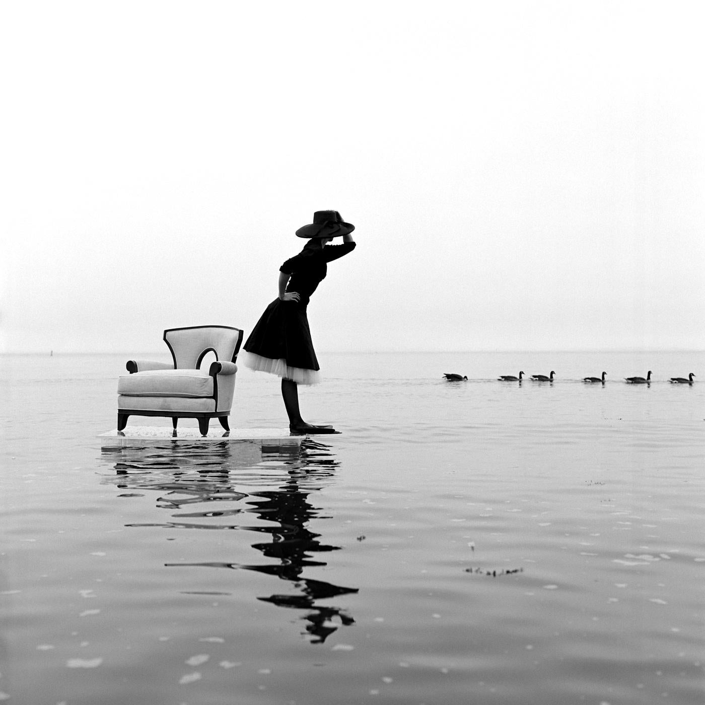 Rodney Smith Black and White Photograph - Zoe on Water With Ducks, Sherwood Island, Westport, CT - 45 x 45 inches