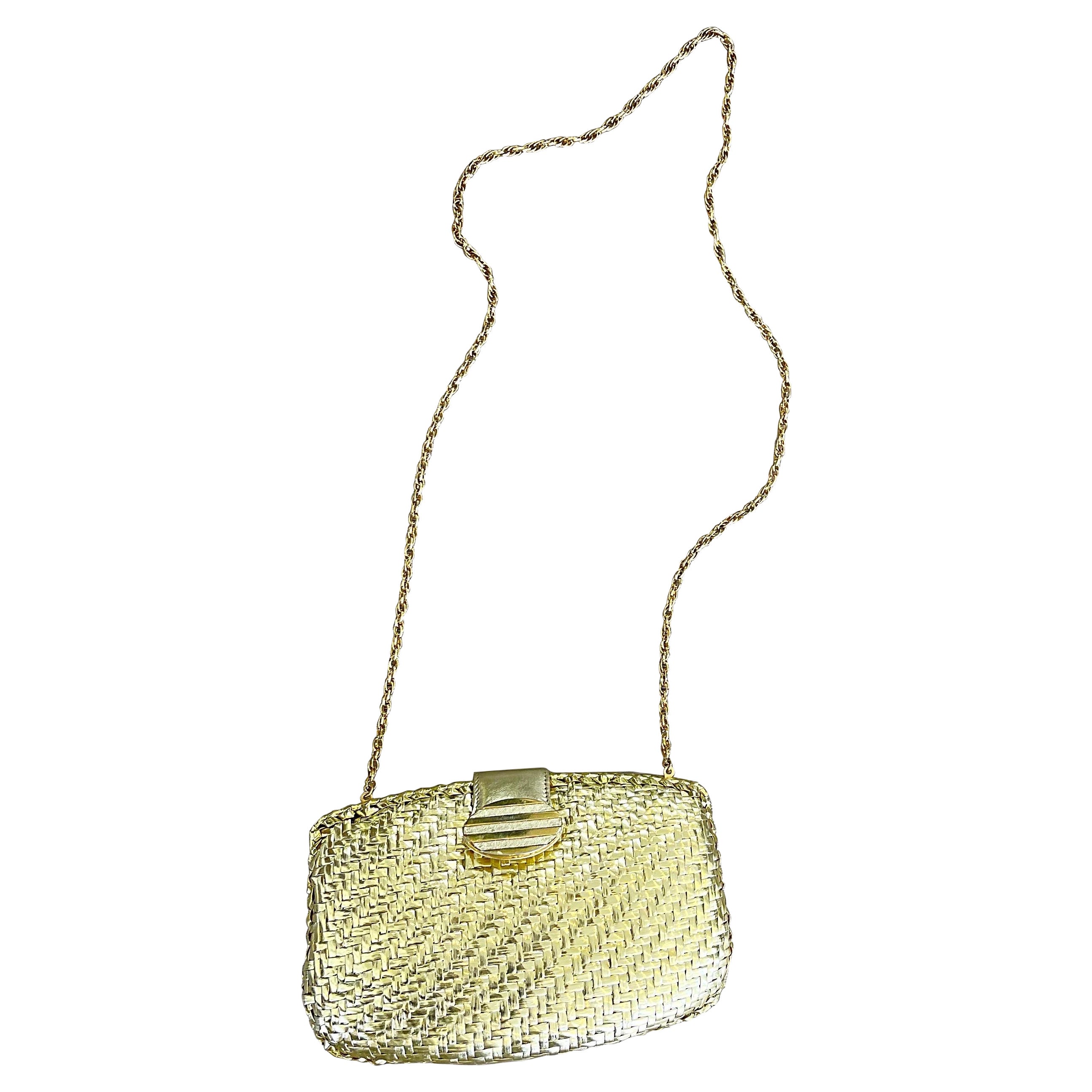 RODO Años 80 Paja recubierta de mimbre dorada Bolso de mano Crossbody Bolsa de embrague de los años 80 vintage en venta