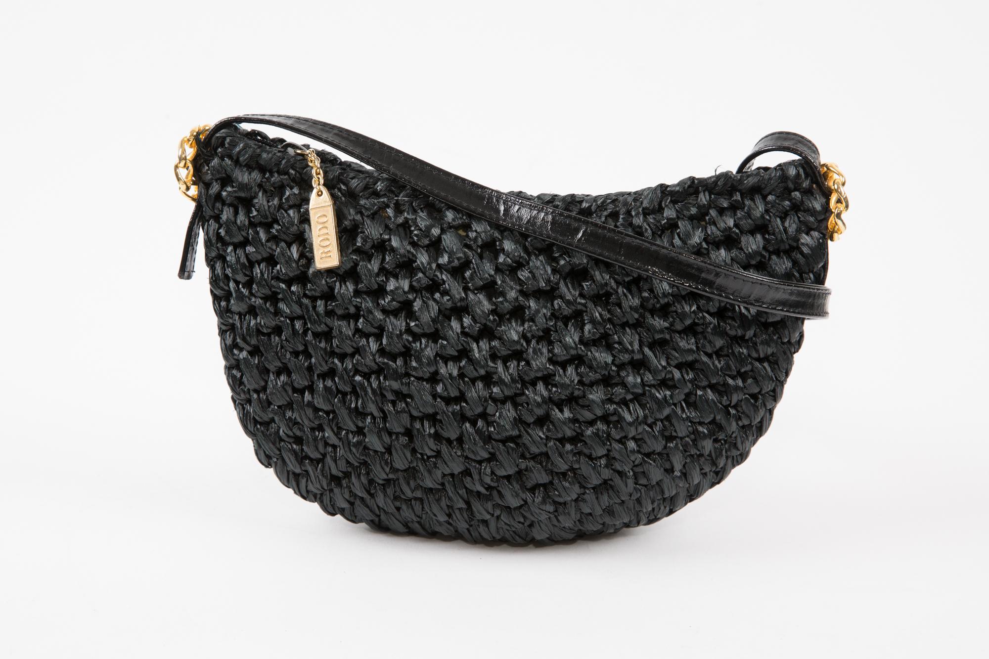 Rodo Black Raffia Shoulder Bag In Good Condition In Paris, FR