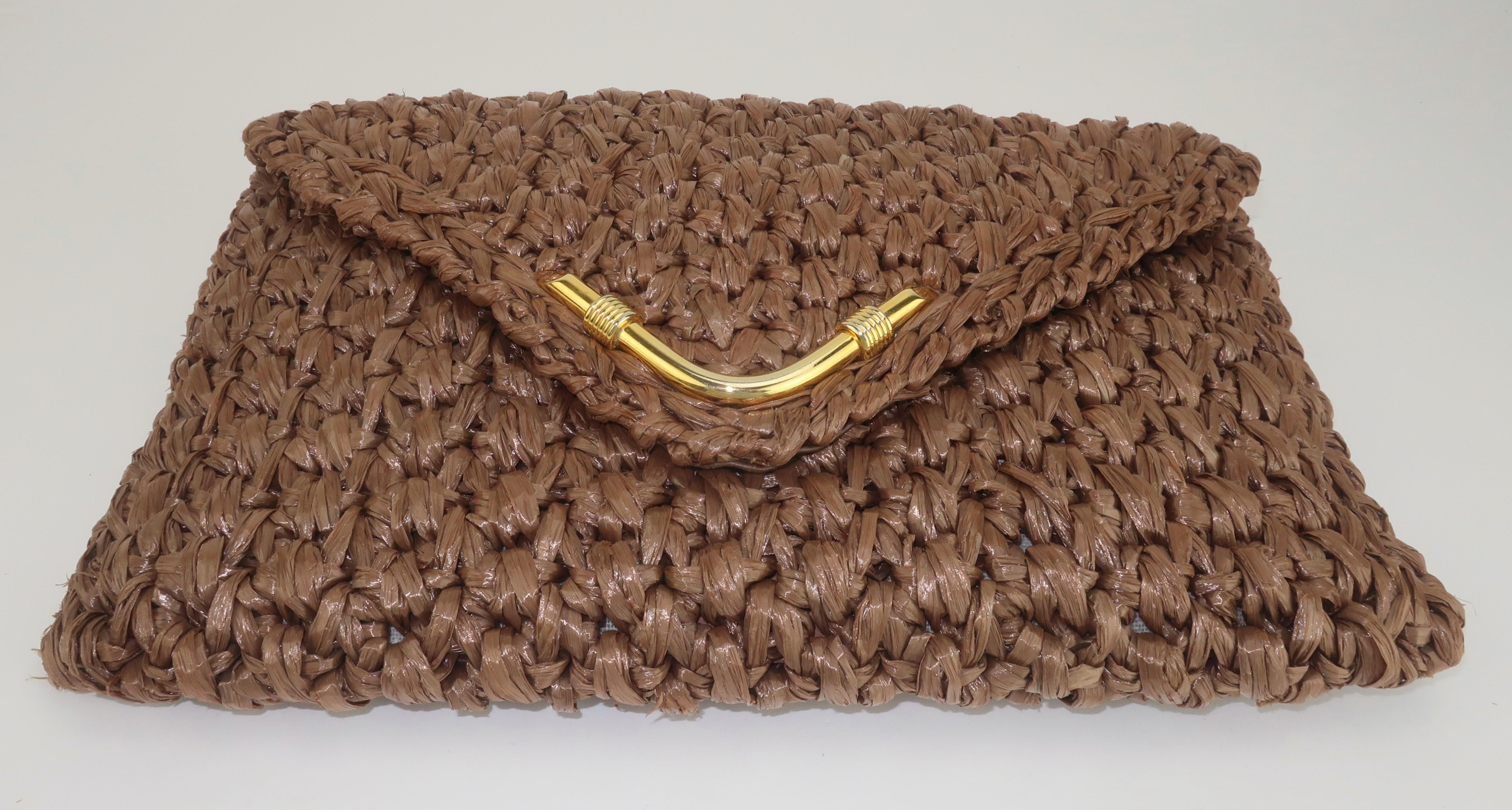 Rodo Brown Taupe Raffia Straw Handbag, C.1970 In Good Condition In Atlanta, GA