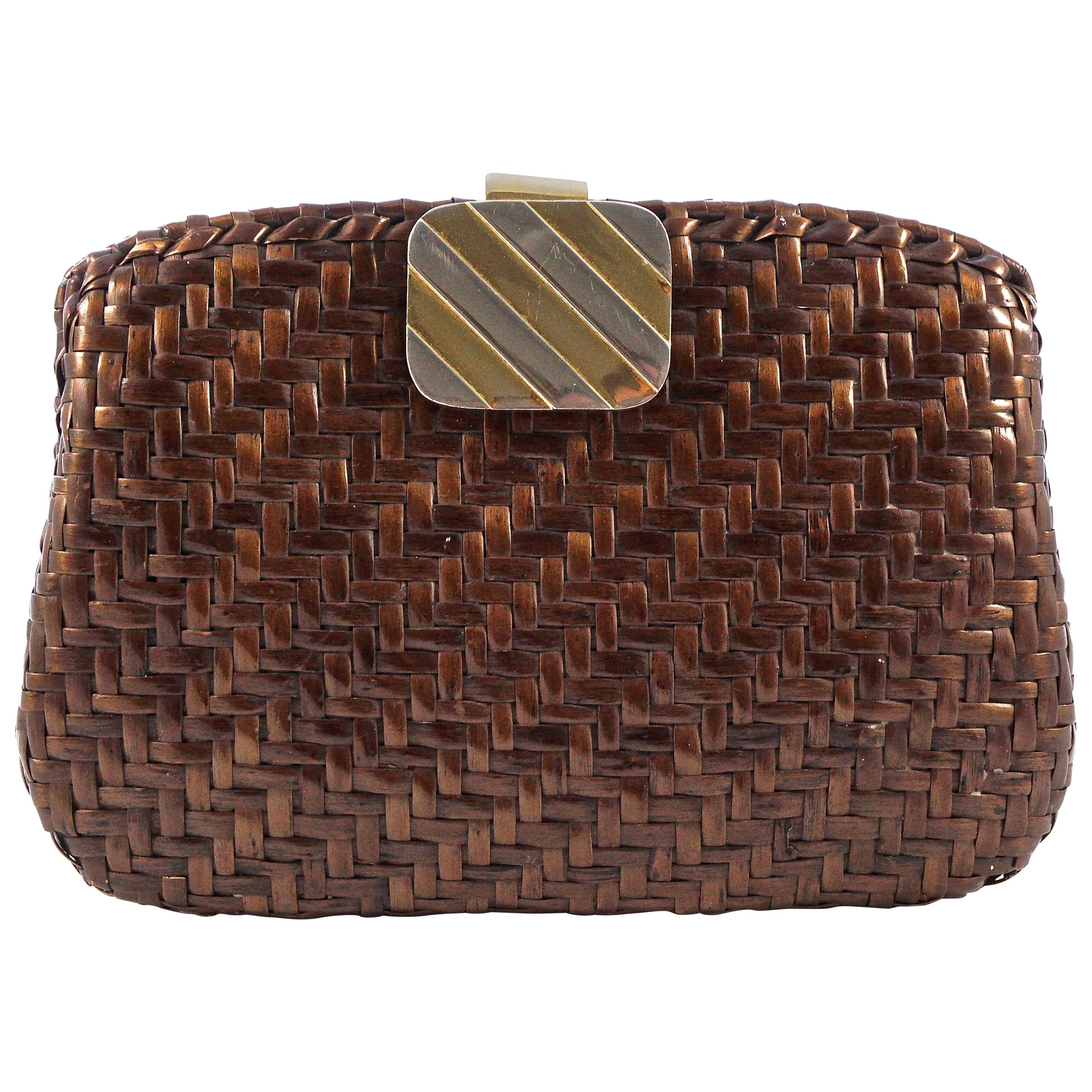 Rodo Italian Glazed Mid Brown Wicker Clutch Bag with Gold and Silver Tone Clasp