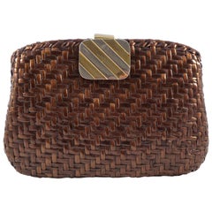 Rodo Italian Glazed Mid Brown Wicker Clutch Bag with Gold and Silver Tone Clasp