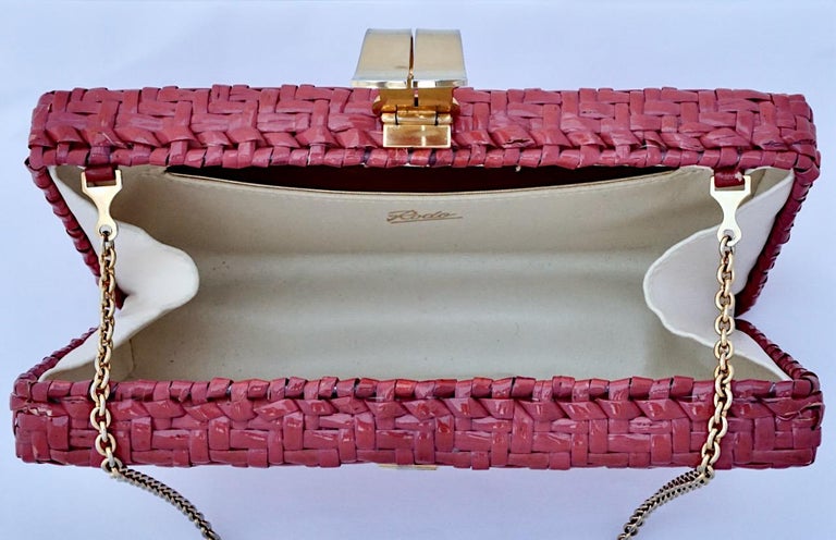 Rodo Italian Glazed Pink Wicker Shoulder Bag with Gold Plated Fittings For Sale 2