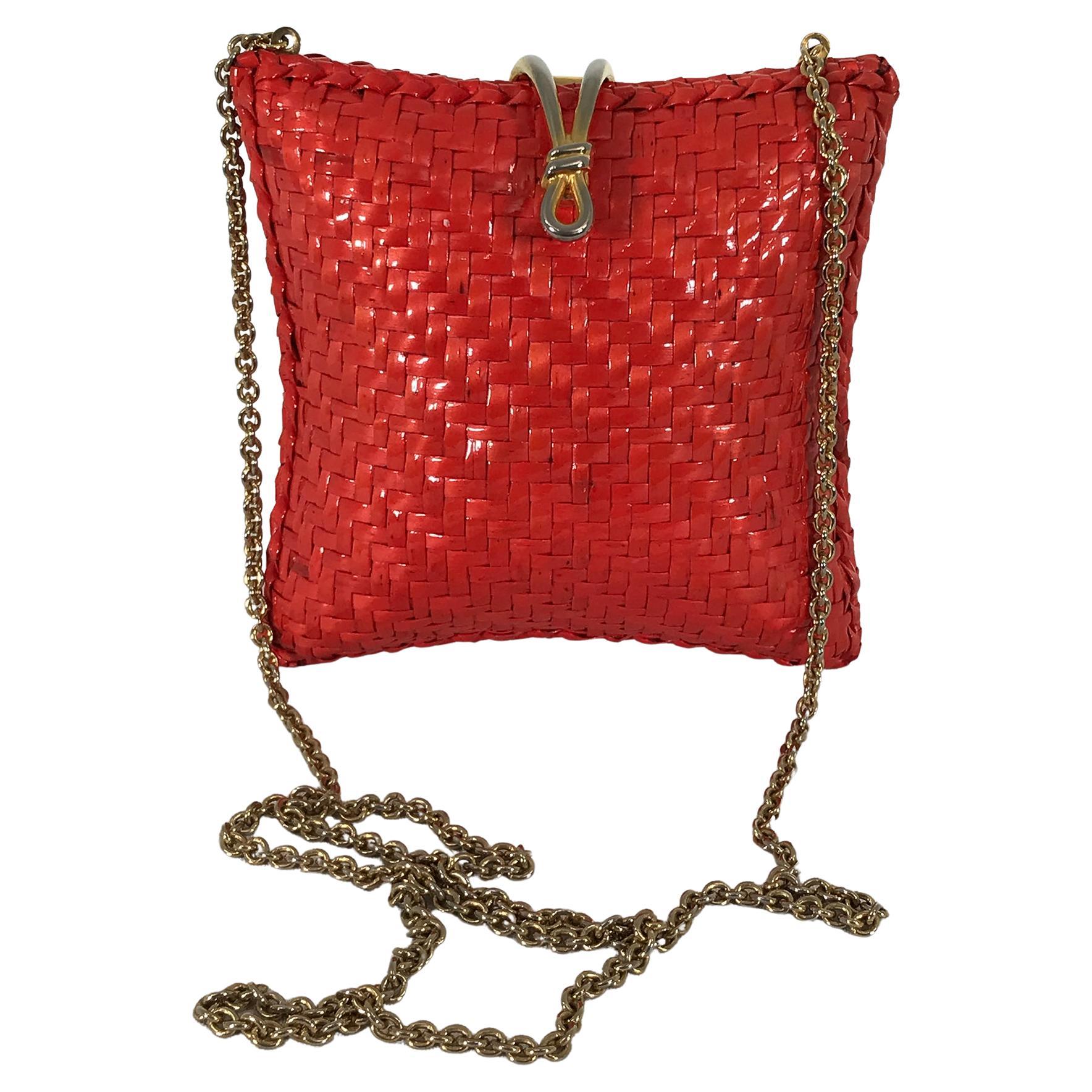 RODO Italy Square Orange Wicker Gold Chain Shoulder Bag 1970s