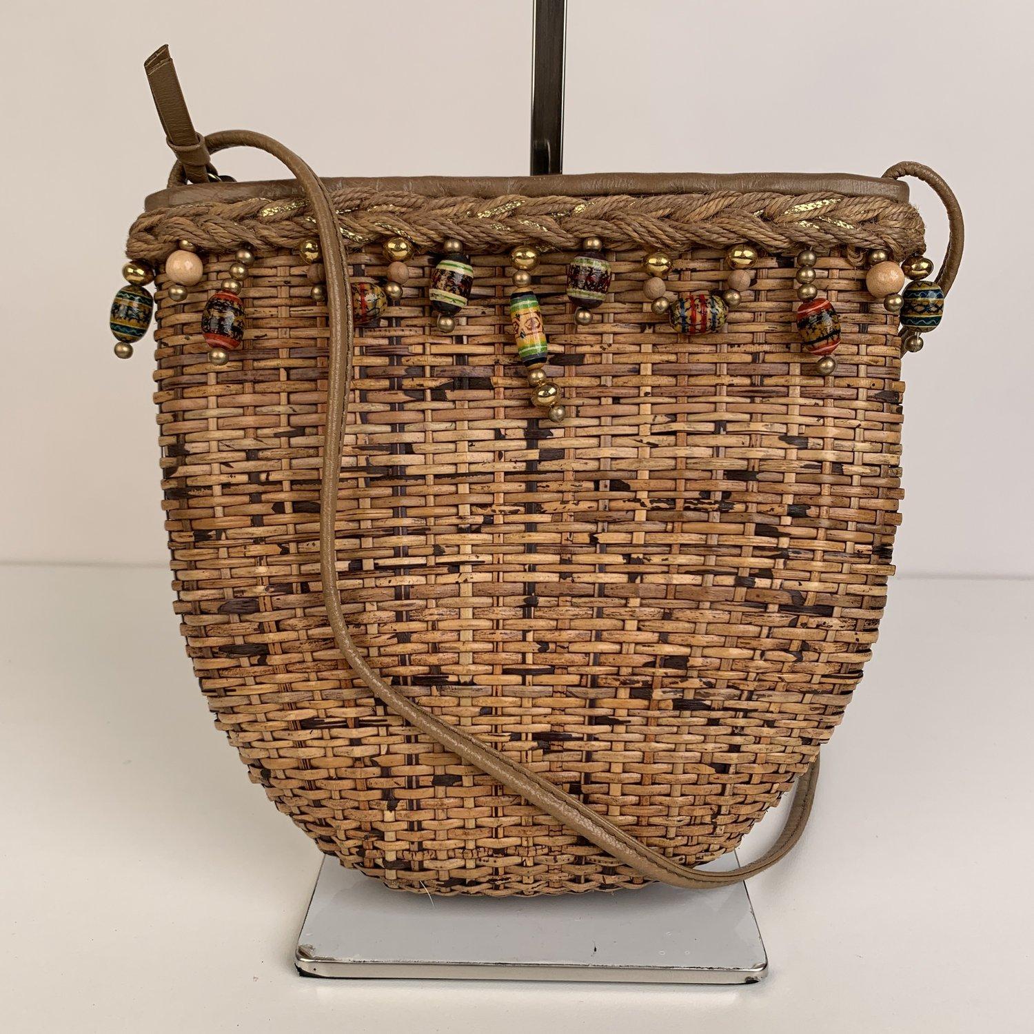 Brown Rodo Vintage Straw Crossbody Shoulder Bag with Beading
