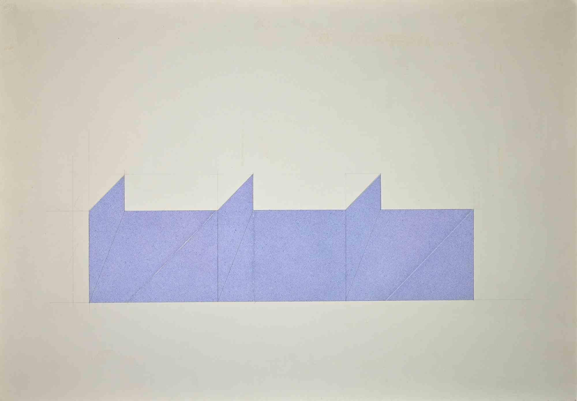 Abstract geometrical Scene is an original artwork realized by Rodolfo Aricò  (Milan, 3 June 1930 – 22 June 2002) in the 1970s. 

Colored lilac film on cardboard with pencil outlines. The dry stamp is present on the upper left corner. Not signed nor