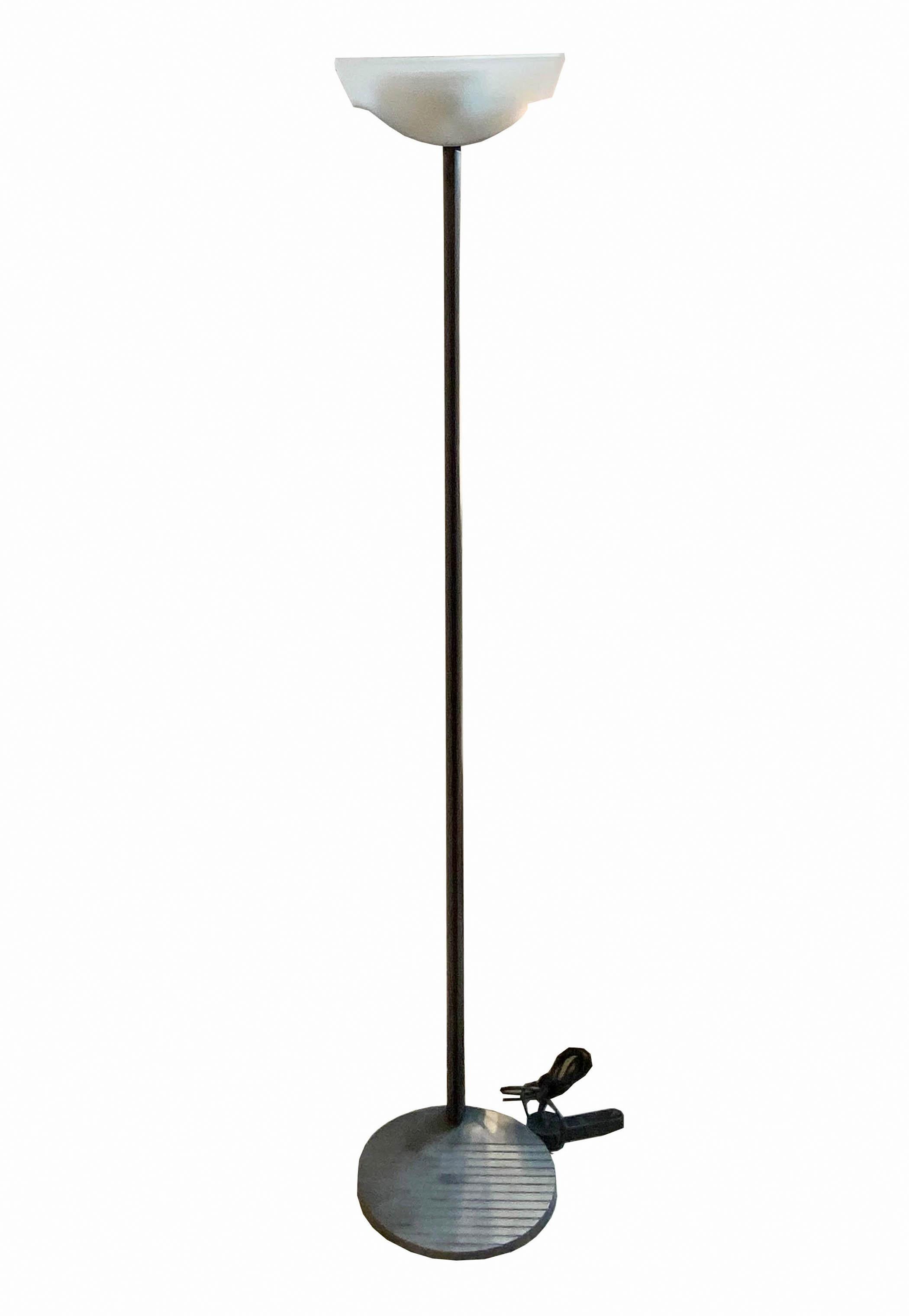 Floor lamp designed by Rodolfo Bonetto in black painted metal and opaline glass shade. Marked Evipar / Eviterra production Luci Italia 1970.
