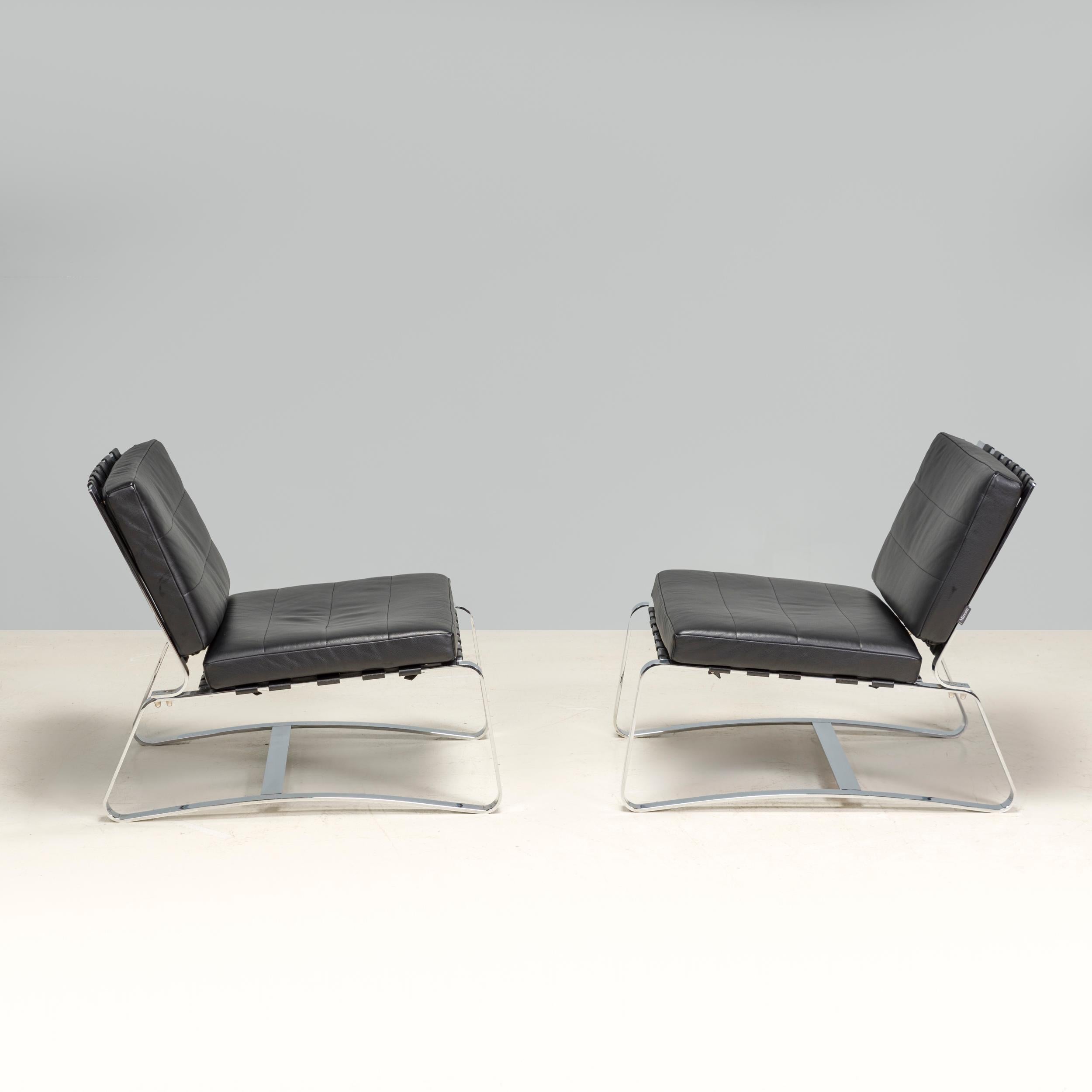 Italian Rodolfo Dordoni for Minotti Black Leather Delaunay Lounge Chair, Set of 2 For Sale