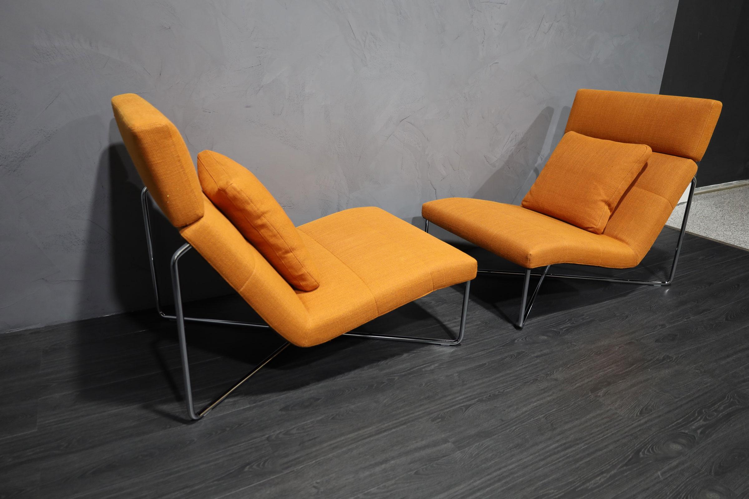 Italian Rodolfo Dordoni for Minotti Lounge Chairs in Orange Woven Fabric