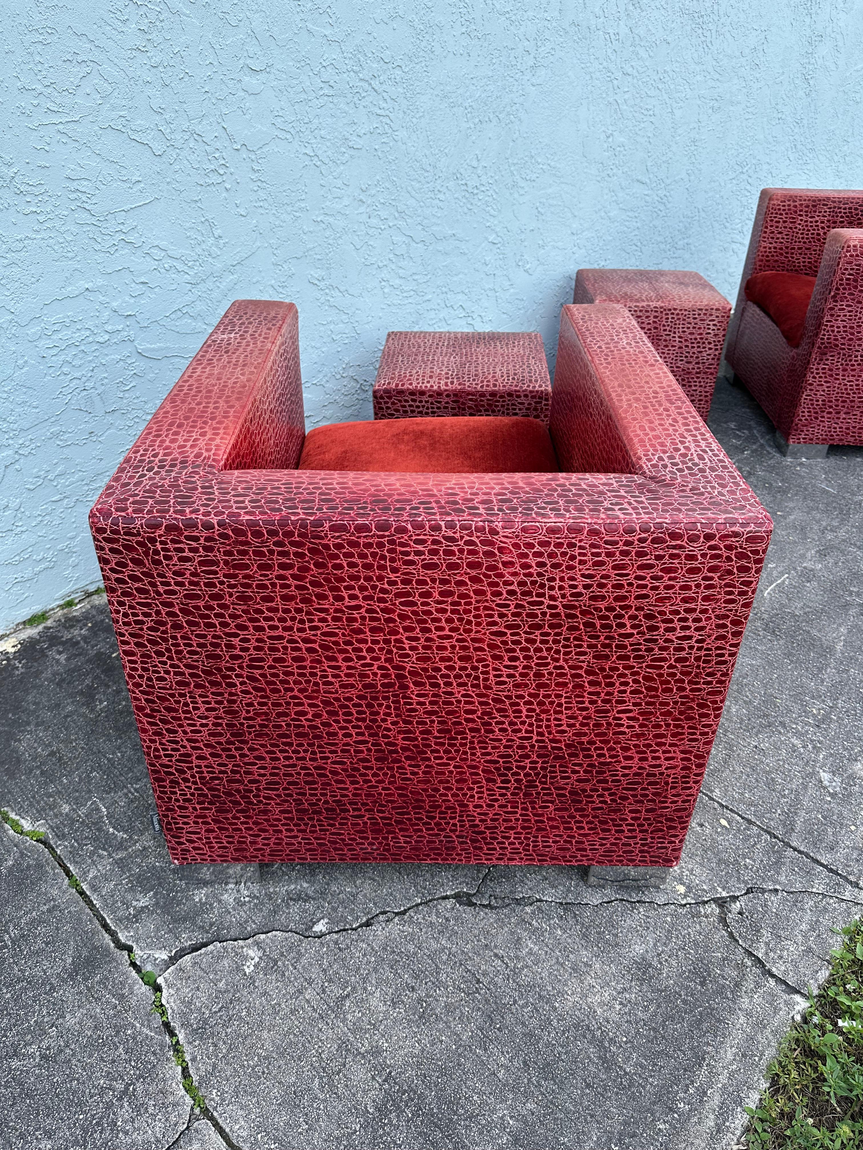 Rodolfo Dordoni for Minotti Red Alligator Leather Club Chairs Ottoman, Set of 4 For Sale 4