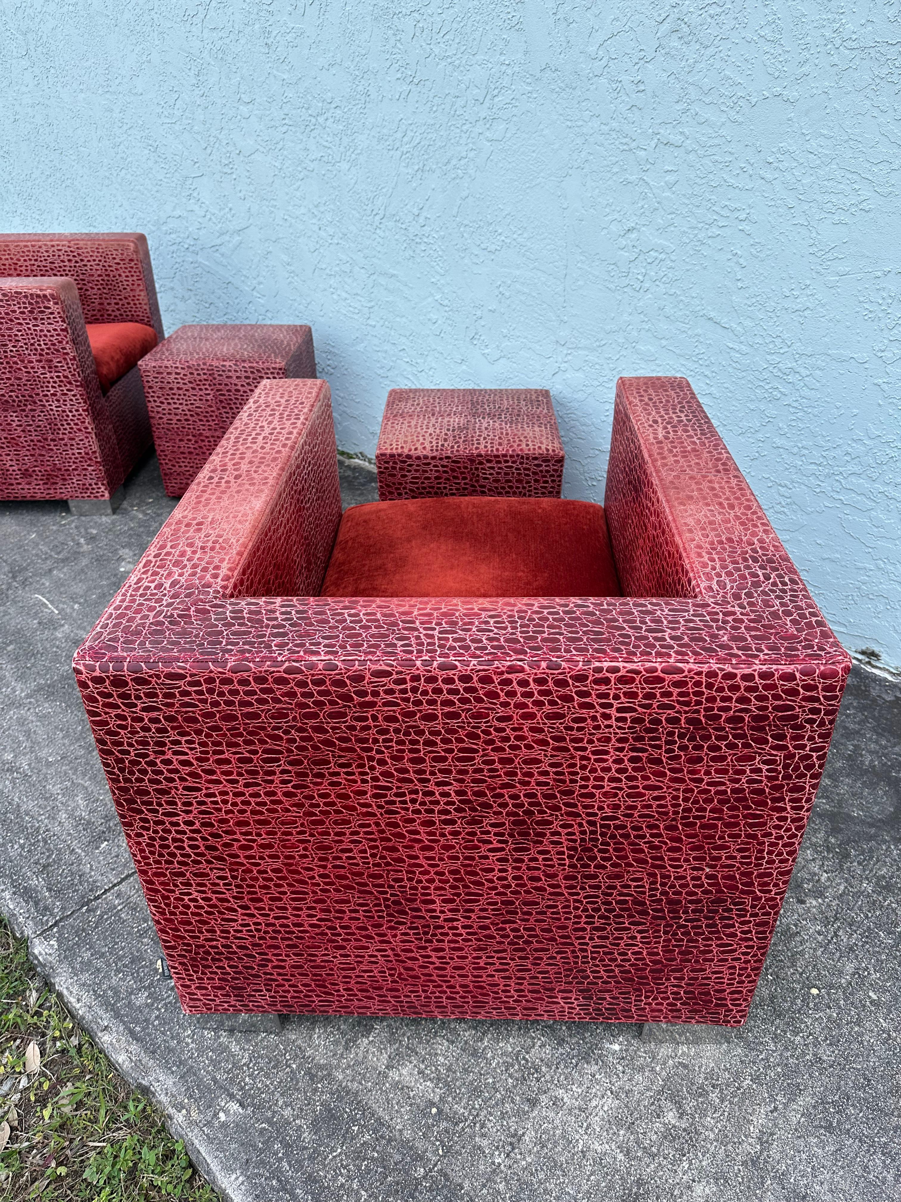 Rodolfo Dordoni for Minotti Red Alligator Leather Club Chairs Ottoman, Set of 4 For Sale 5