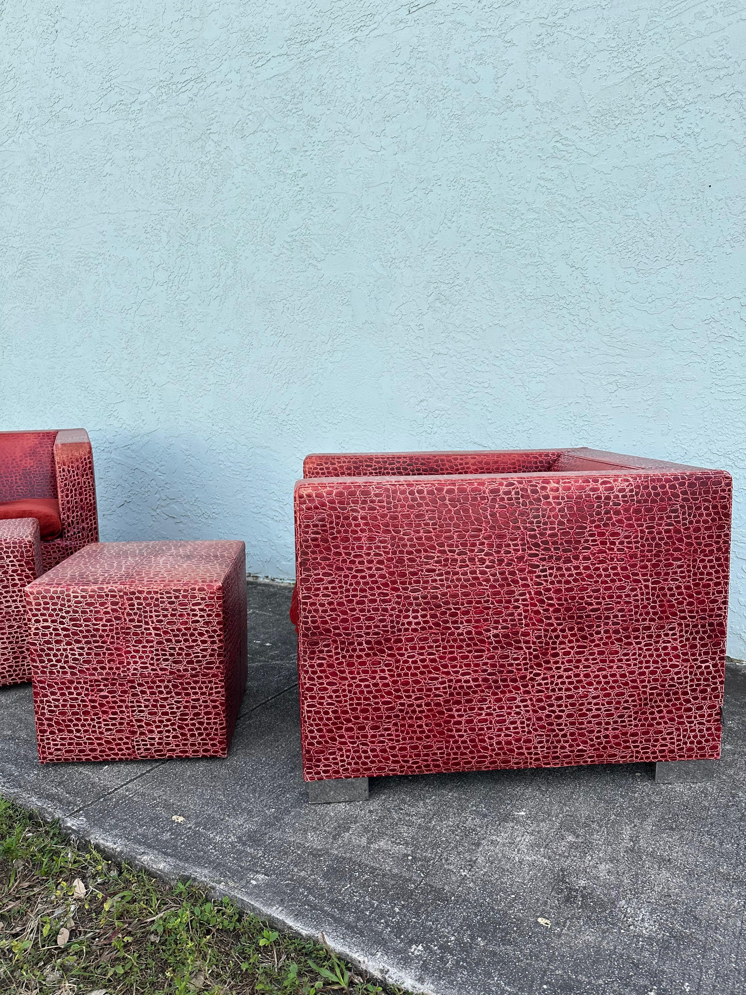 Rodolfo Dordoni for Minotti Red Alligator Leather Club Chairs Ottoman, Set of 4 For Sale 6