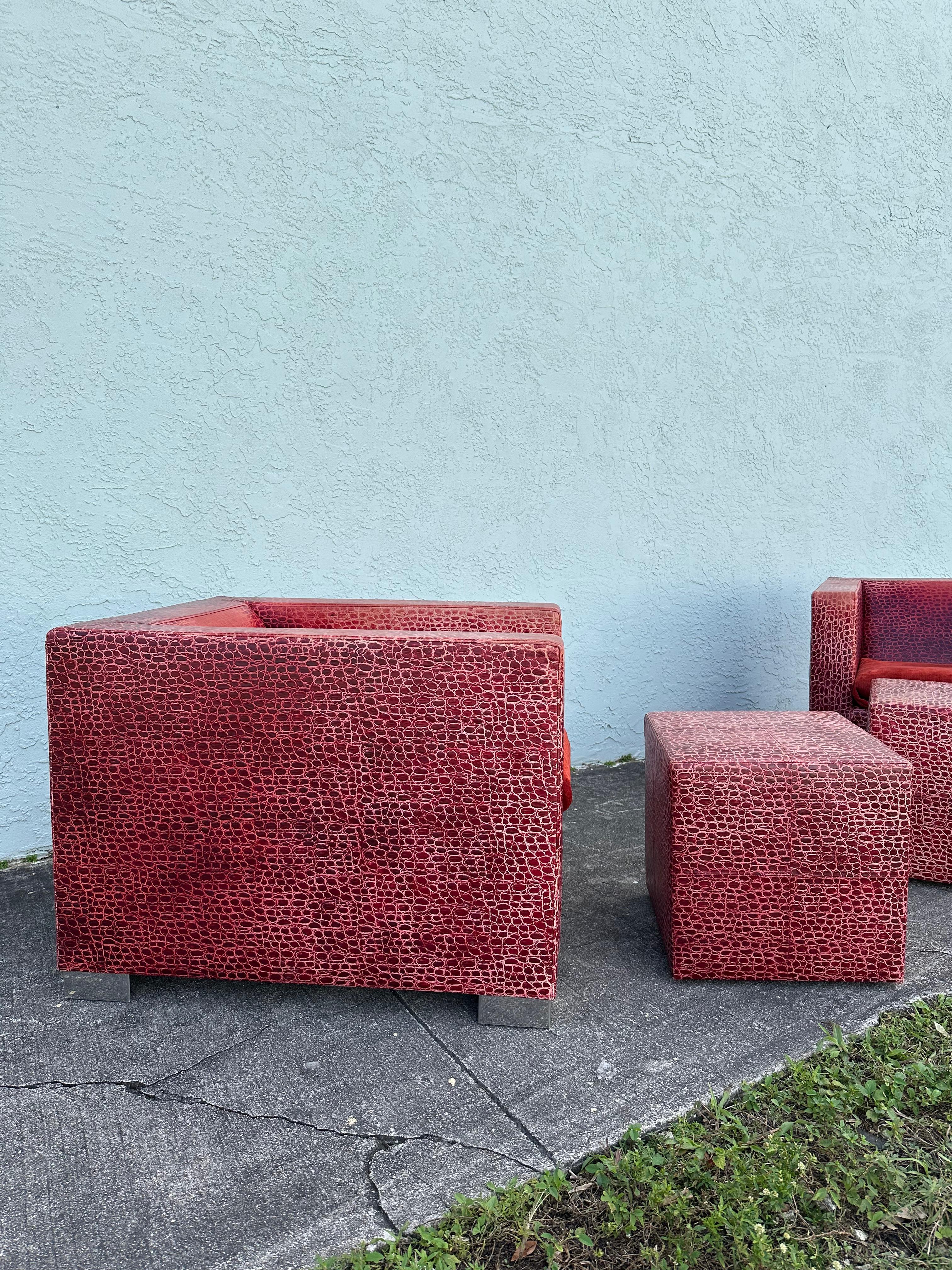 Rodolfo Dordoni for Minotti Red Alligator Leather Club Chairs Ottoman, Set of 4 For Sale 7