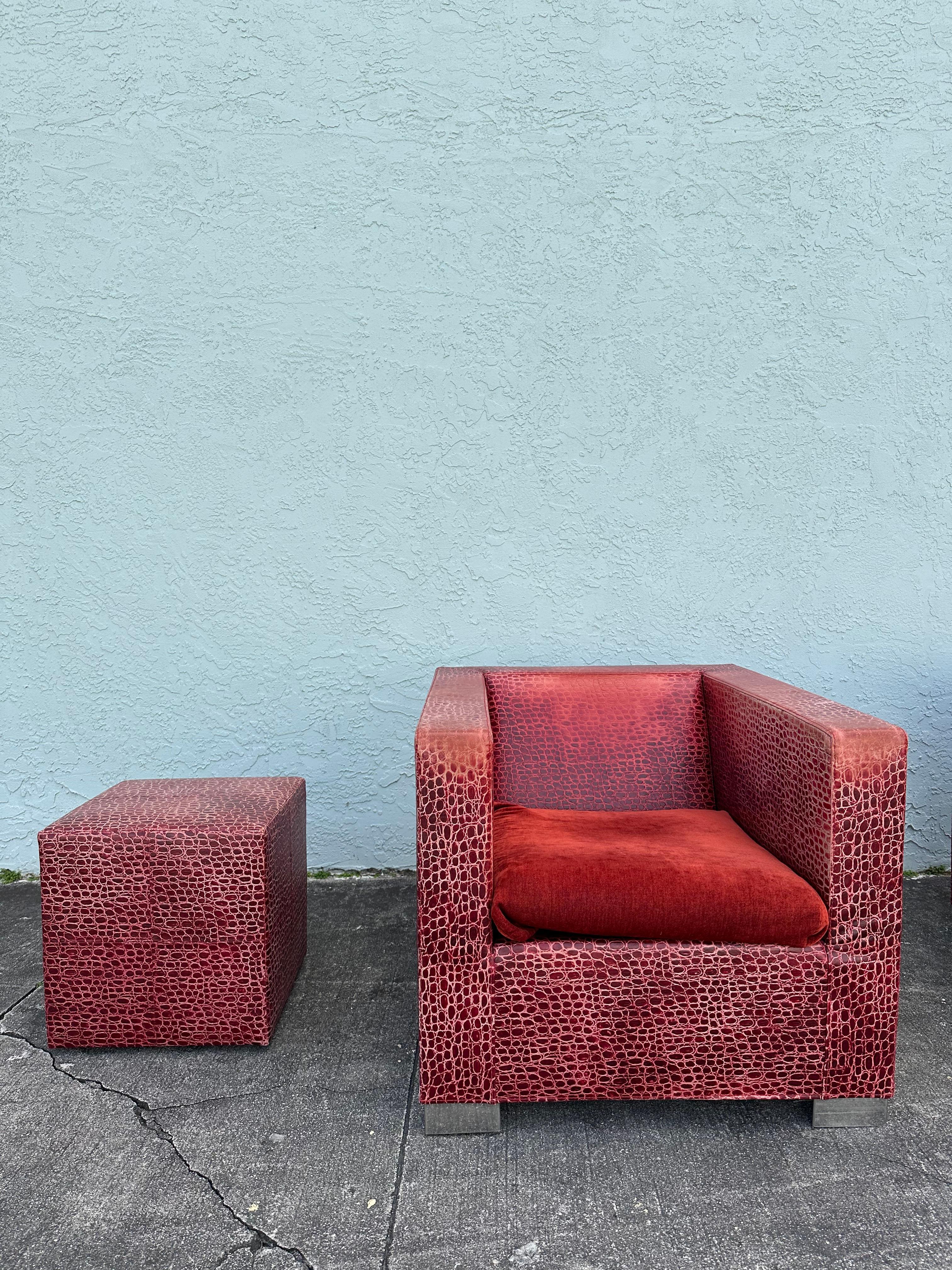 Rodolfo Dordoni for Minotti Red Alligator Leather Club Chairs Ottoman, Set of 4 For Sale 8