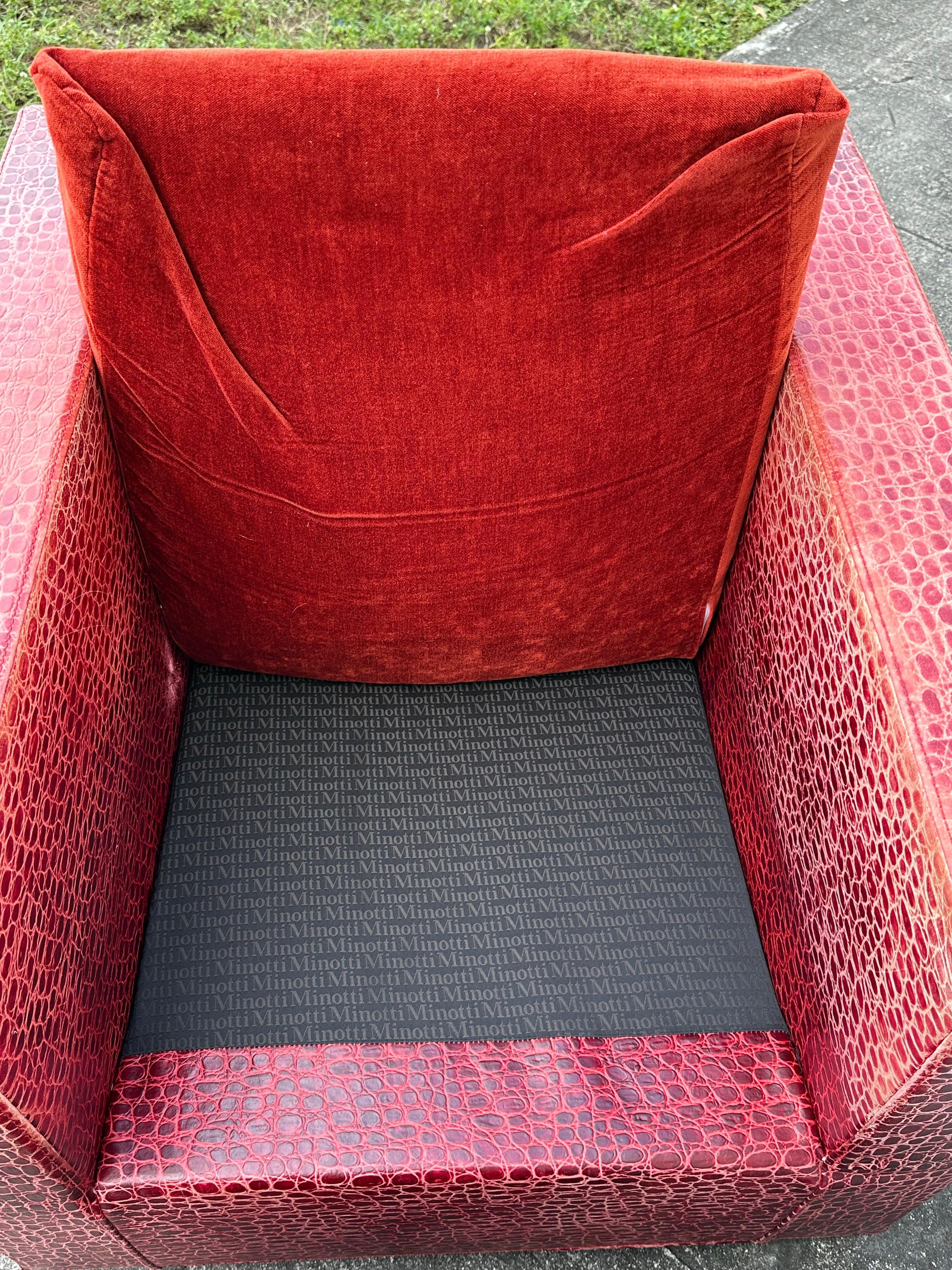 Rodolfo Dordoni for Minotti Red Alligator Leather Club Chairs Ottoman, Set of 4 For Sale 11