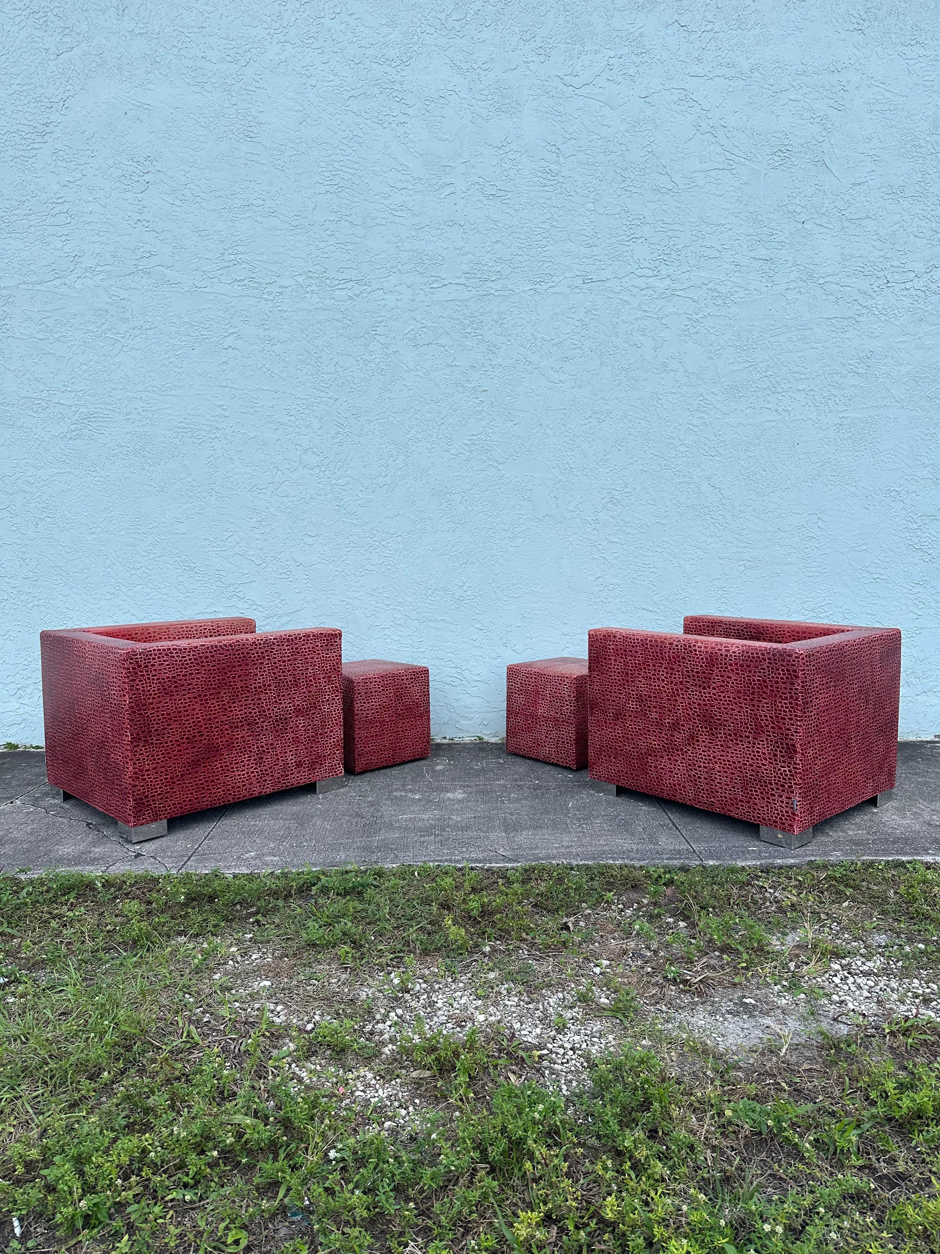 Rodolfo Dordoni for Minotti Red Alligator Leather Club Chairs Ottoman, Set of 4 In Good Condition For Sale In Fort Lauderdale, FL