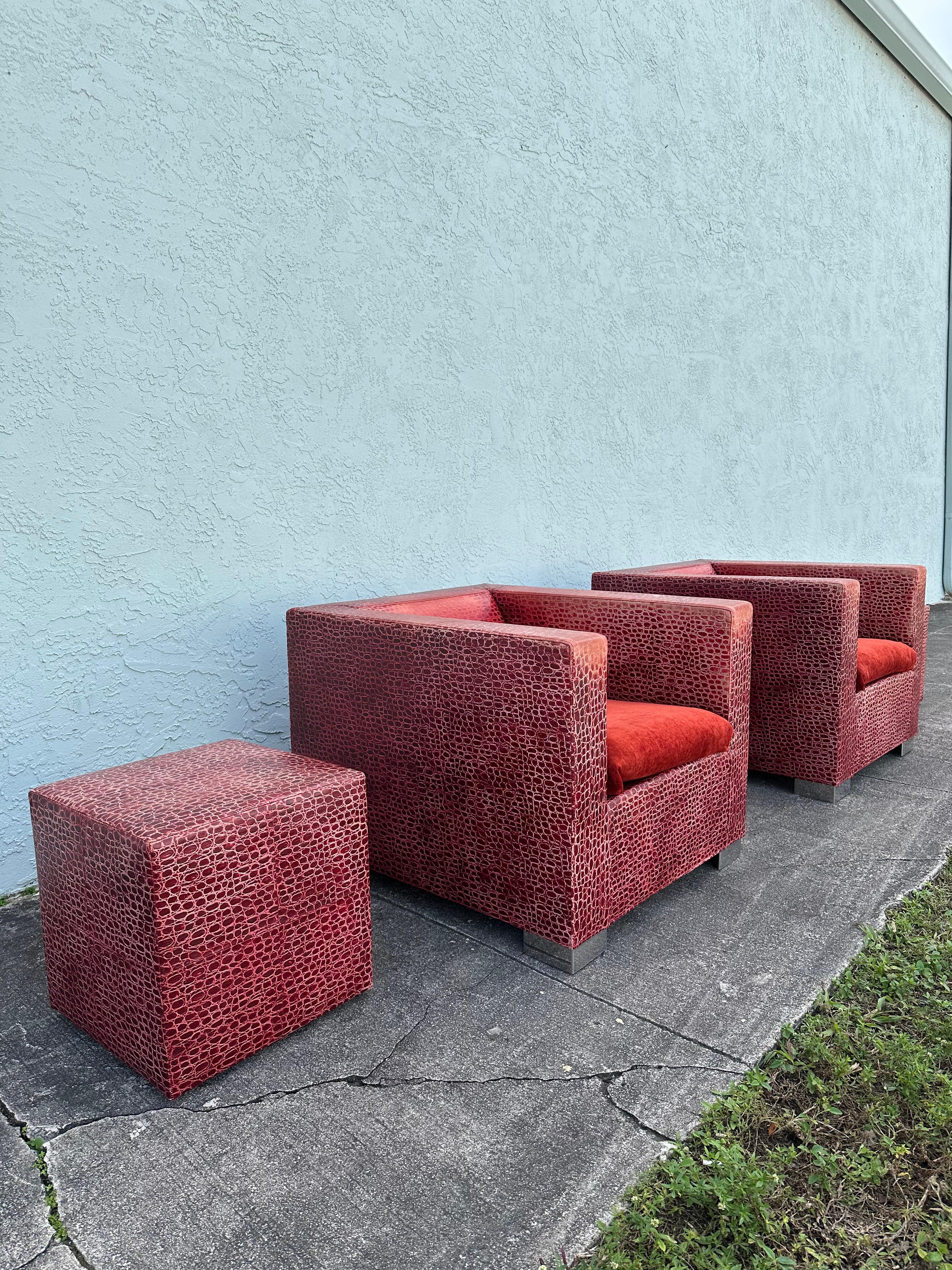 Late 20th Century Rodolfo Dordoni for Minotti Red Alligator Leather Club Chairs Ottoman, Set of 4 For Sale