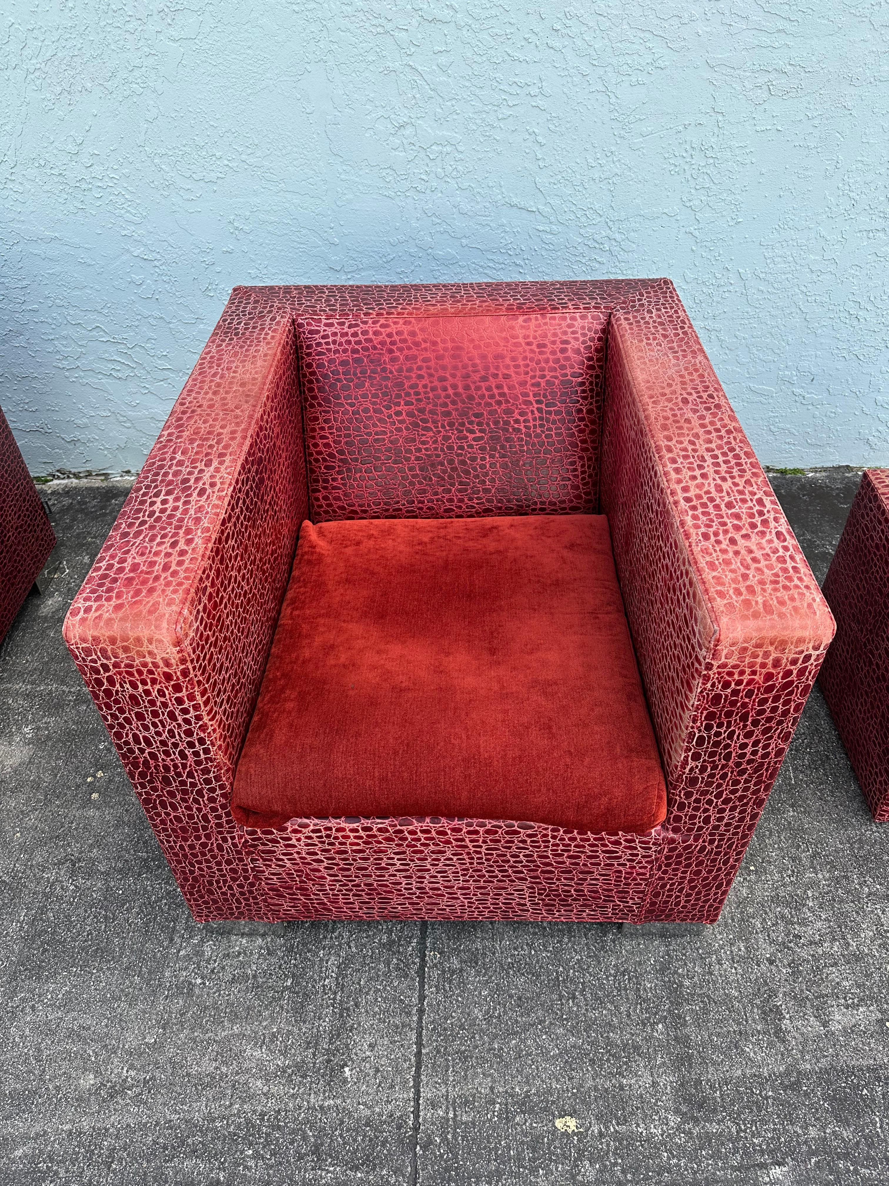 Rodolfo Dordoni for Minotti Red Alligator Leather Club Chairs Ottoman, Set of 4 For Sale 2