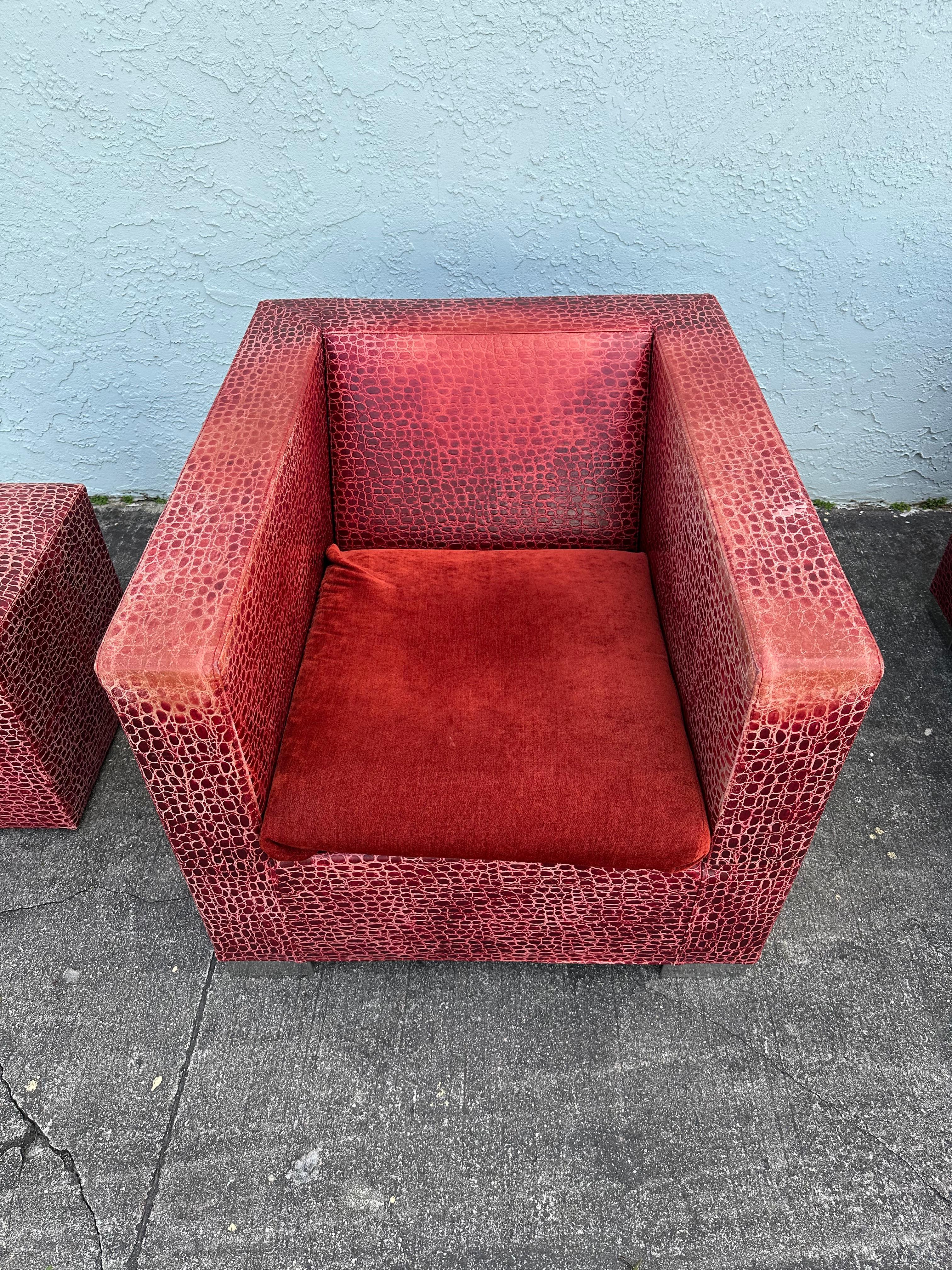 Rodolfo Dordoni for Minotti Red Alligator Leather Club Chairs Ottoman, Set of 4 For Sale 3