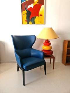Fauteuil à haut dossier Rodolfo Dordoni en cuir bleu style années 60