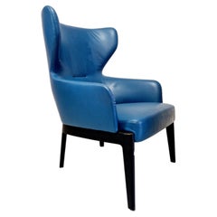 Fauteuil à haut dossier Rodolfo Dordoni en cuir bleu style années 60