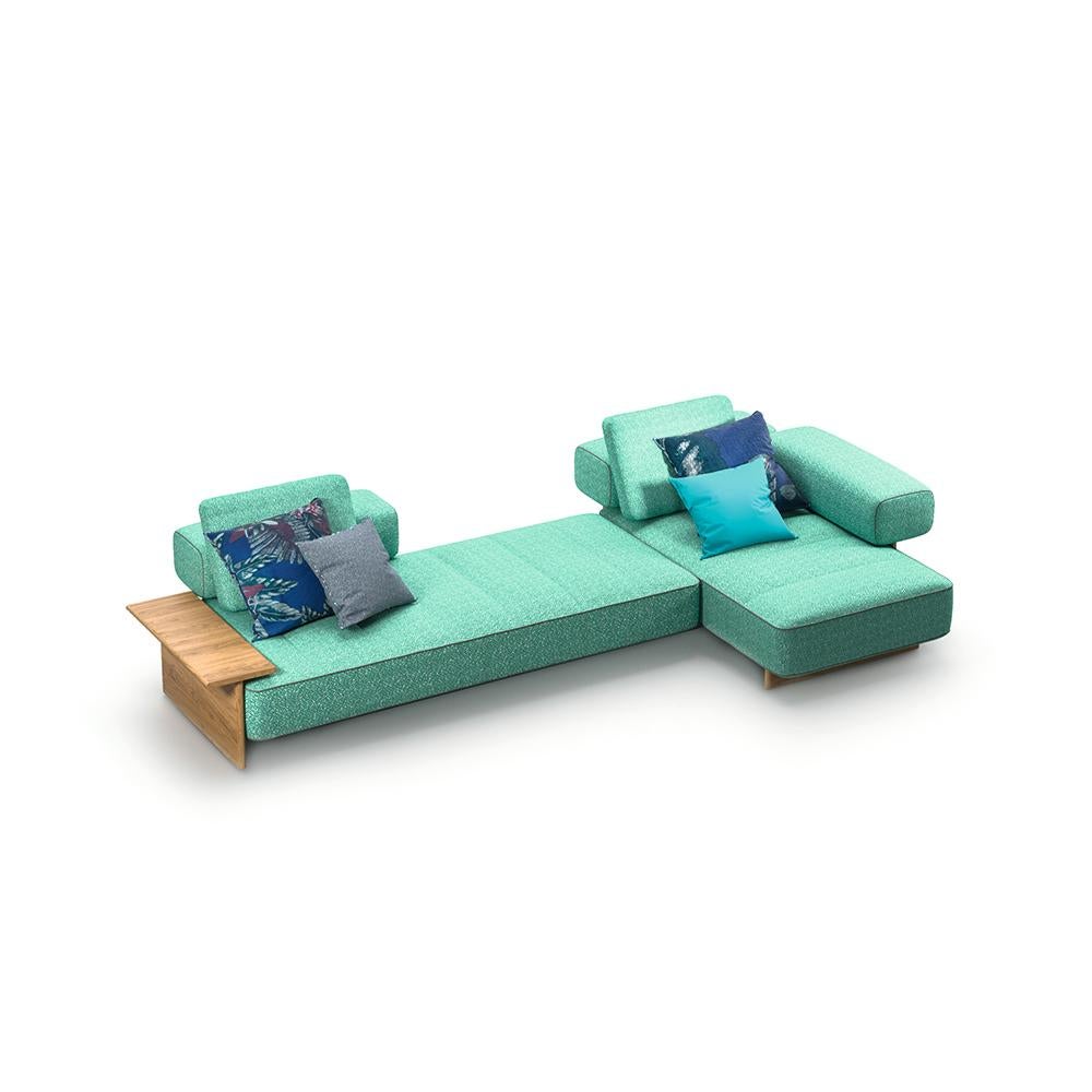 Sofa designed by Rodolfo Dordoni in 2020. Manufactured by Cassina in Italy.

Inspired by the spirit of 1950s seaside resorts, Sail Out is an outdoor modular sofa that recalls the soft forms of fabric blow-up beds thanks to the single bands with