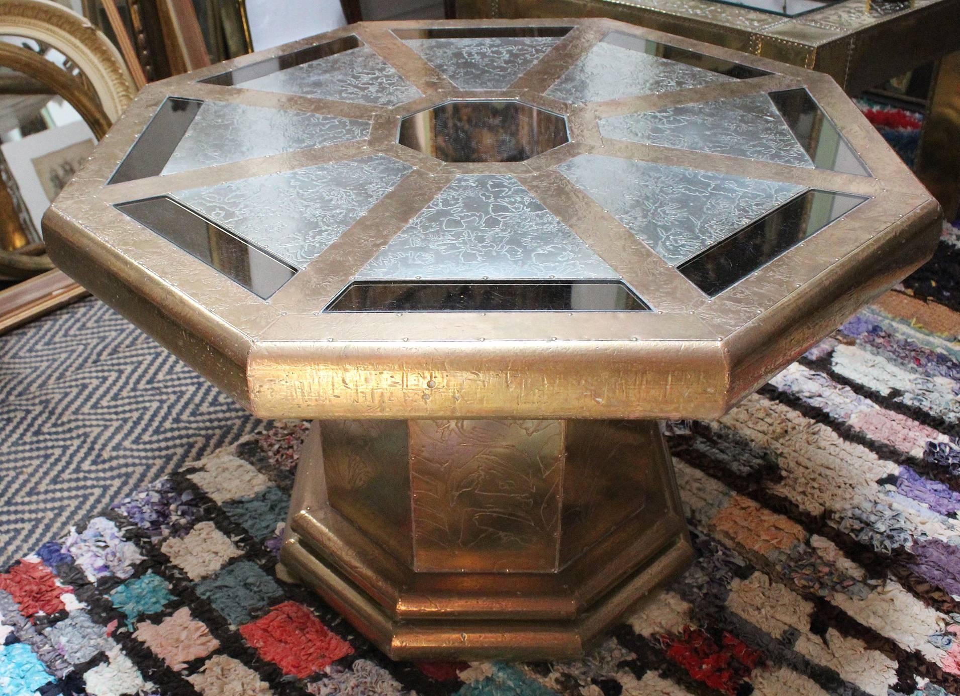 Bronze Rodolfo Dubarry's 1970s Spanish Gilded Brass Octagonal Coffee Table with Mirrors For Sale