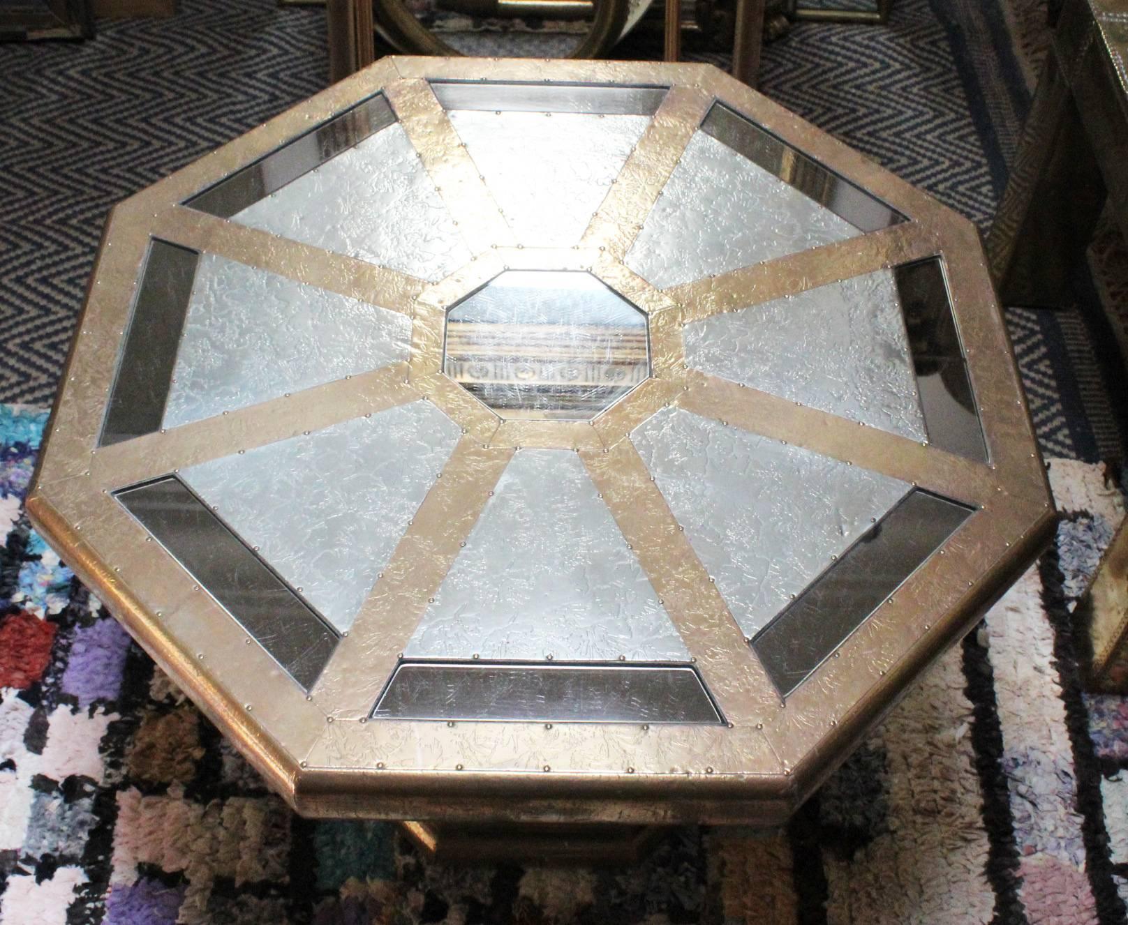 Rodolfo Dubarry's 1970s Spanish Gilded Brass Octagonal Coffee Table with Mirrors For Sale 1