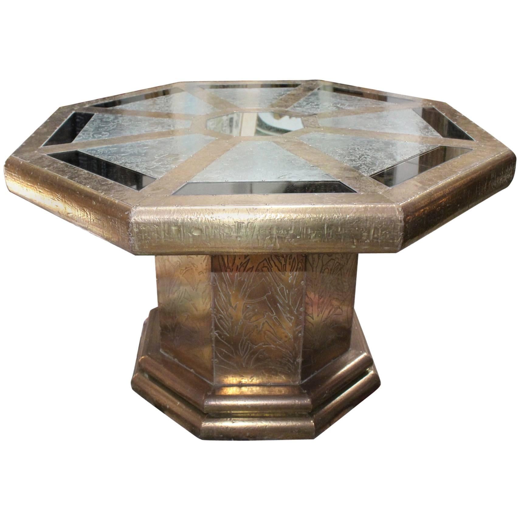 Rodolfo Dubarry's 1970s Spanish Gilded Brass Octagonal Coffee Table with Mirrors