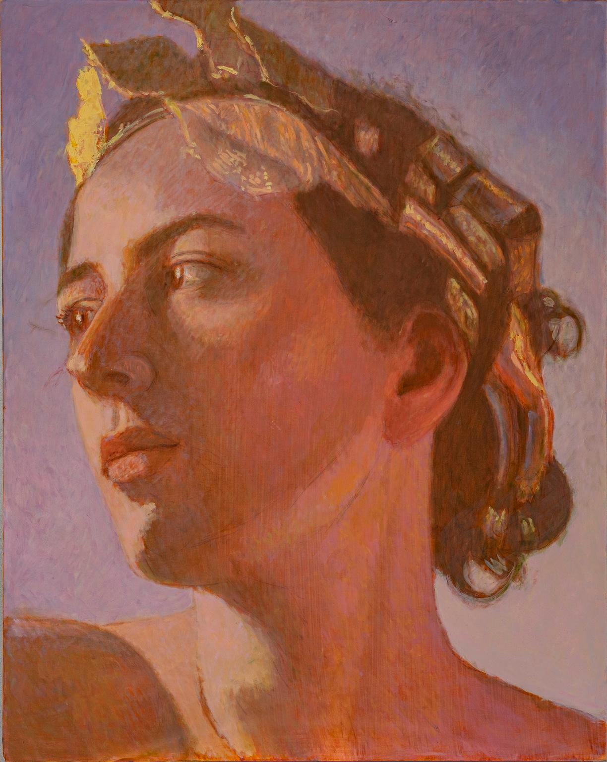 Retrato femenino figurativo mitológico toscano del siglo XXI óleo sobre lienzo