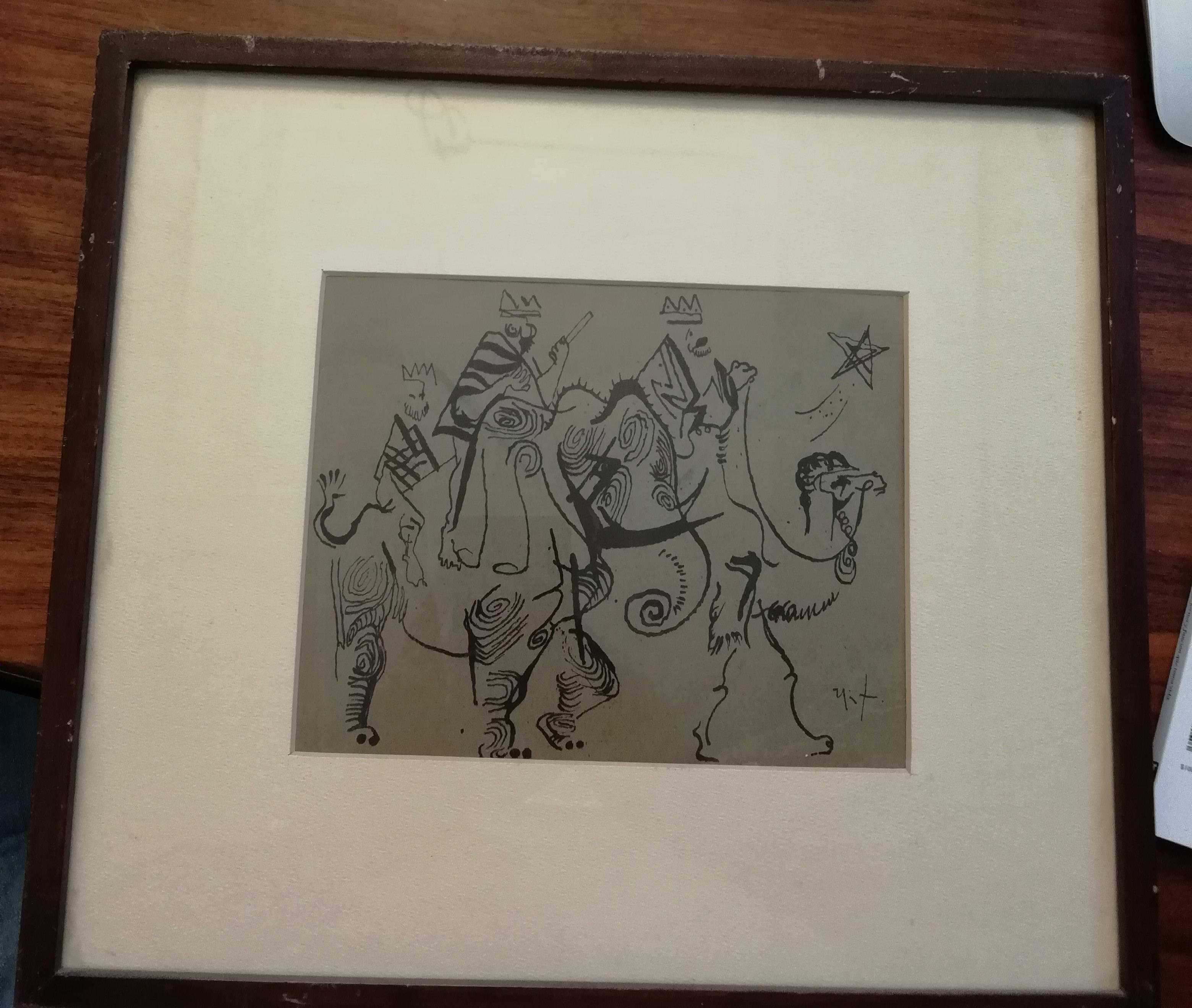 Un beau dessin à l'encre sur papier représentant les trois sages par l'artiste mexicain Rodolfo Nieto, vers 1970. Le dessin a un cadre en bois et un passe-partout beige.

Signé en bas à droite.

Dimensions du dessin : 15 x 19 cm. (6 x 7,5
