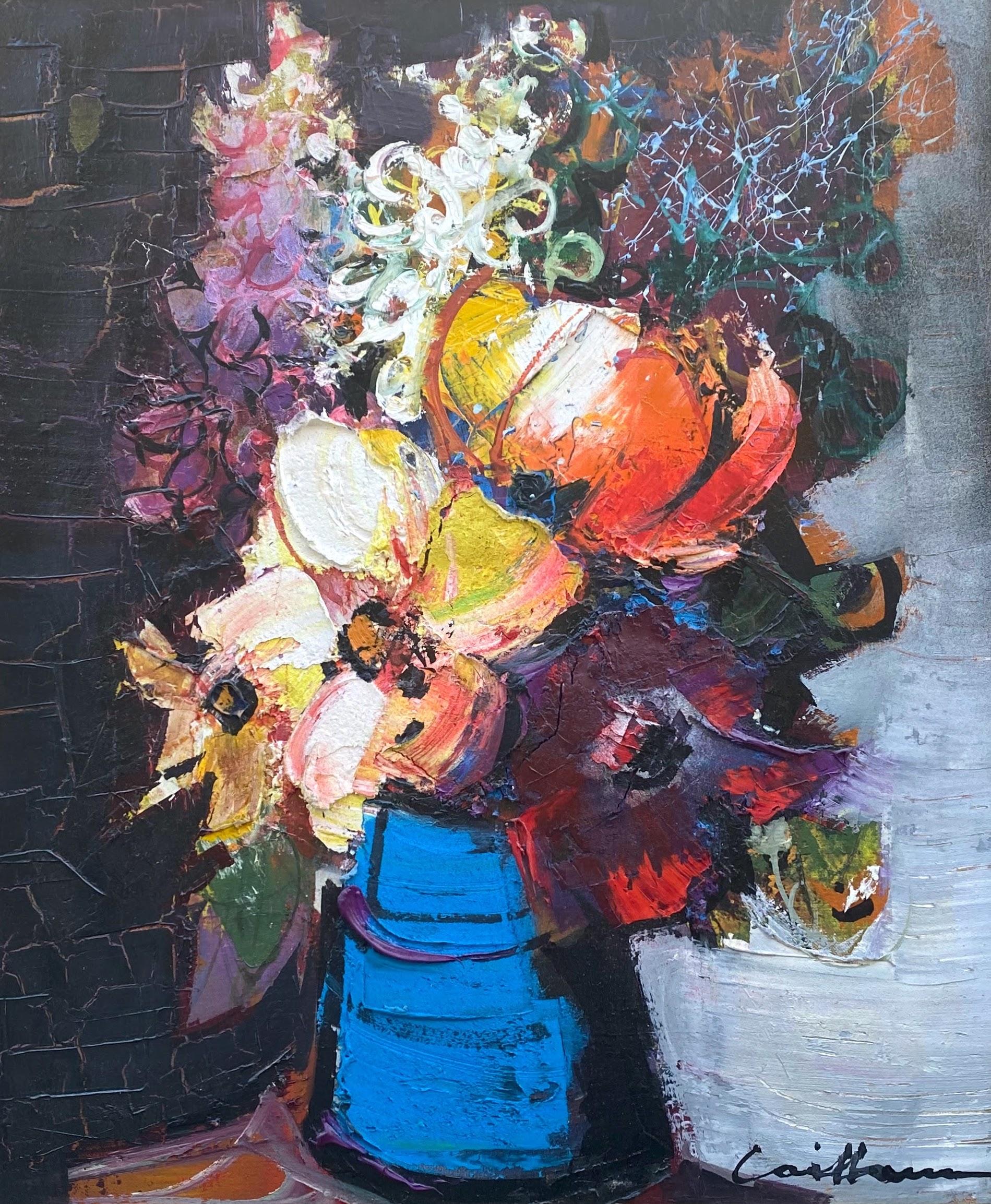 Colorful eye popping mid century floral still life, modern jazzy flower painting - Painting by Rodolphe Caillaux