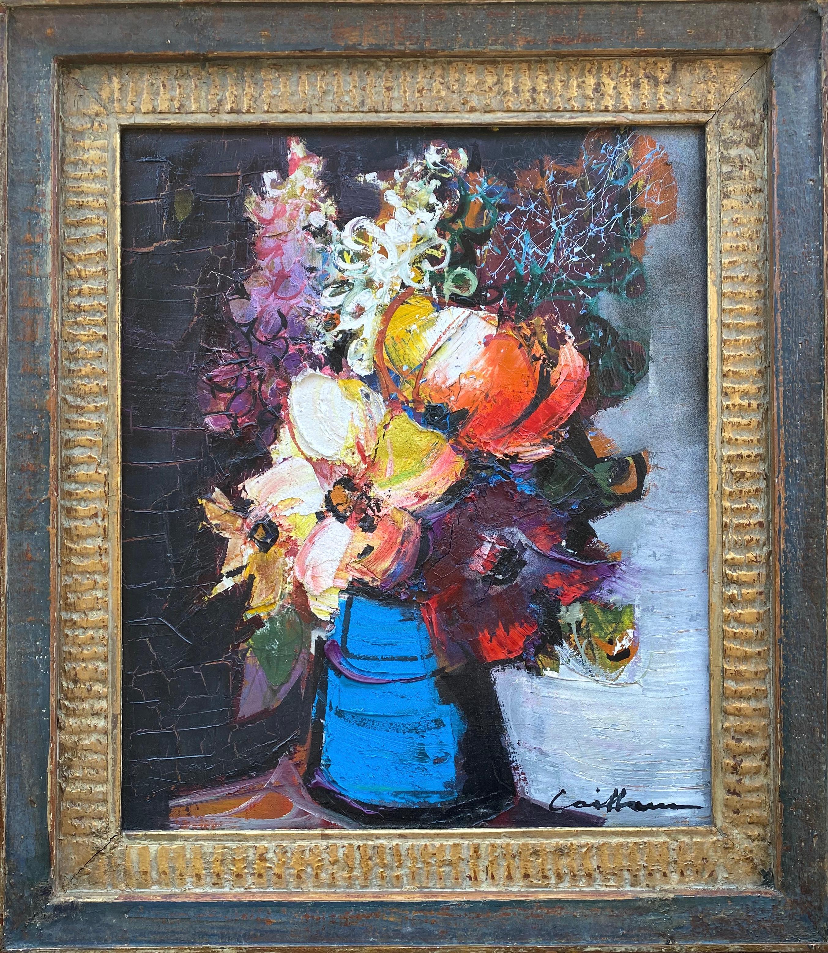 Rodolphe Caillaux Figurative Painting - Colorful eye popping mid century floral still life, modern jazzy flower painting