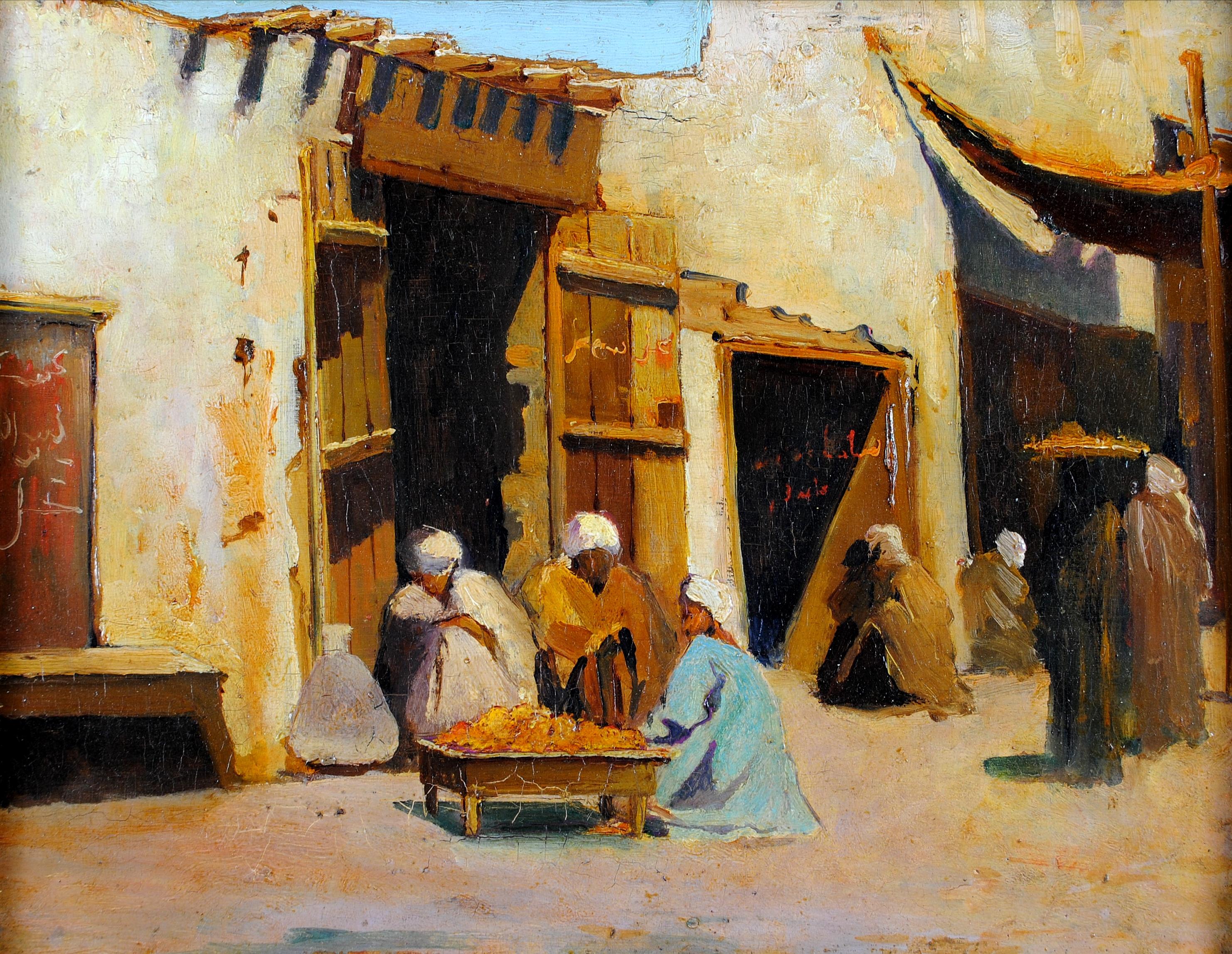 Assouan - Pittura orientale francese Egitto Nord Africa Mercato Antico - Painting di Rodolphe d'Erlanger