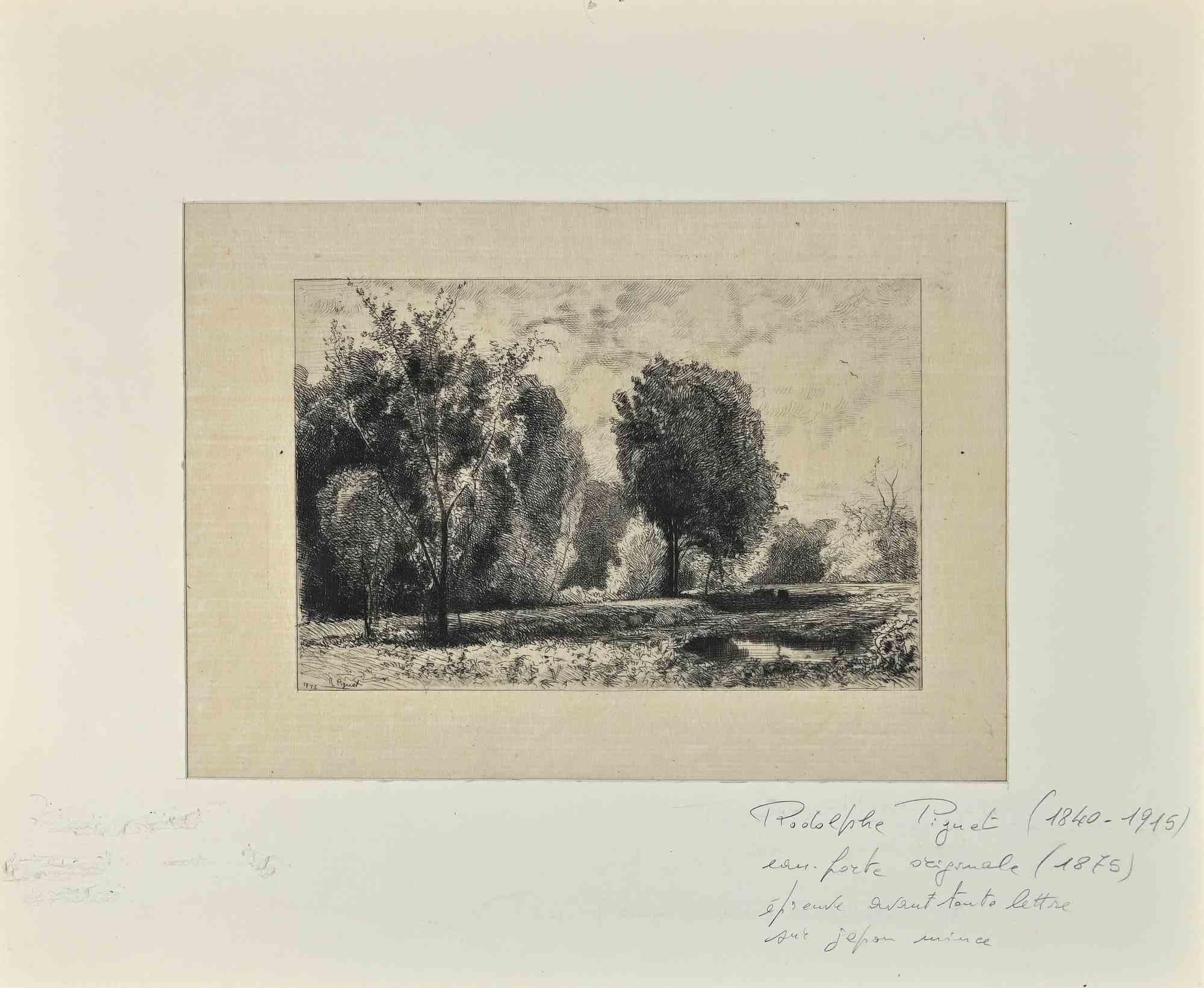 Landscape is an original artwork realized by Rodolphe Piguet (1840-1915) in 1875.

Original etching.

The work is contained in a white passepartout.

Hand-signed and dated by the artist in the lower right corner of the artwork.

Good condition.