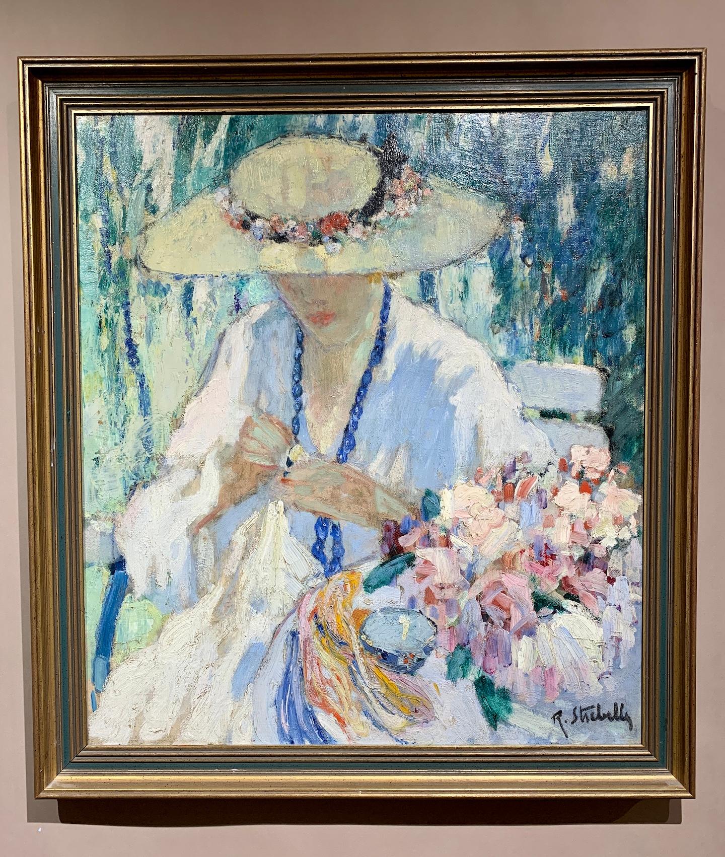 Rodolphe Strebelle Figurative Painting - Belgium Impressionist Portrait of a lady holding some flowers in a garden.