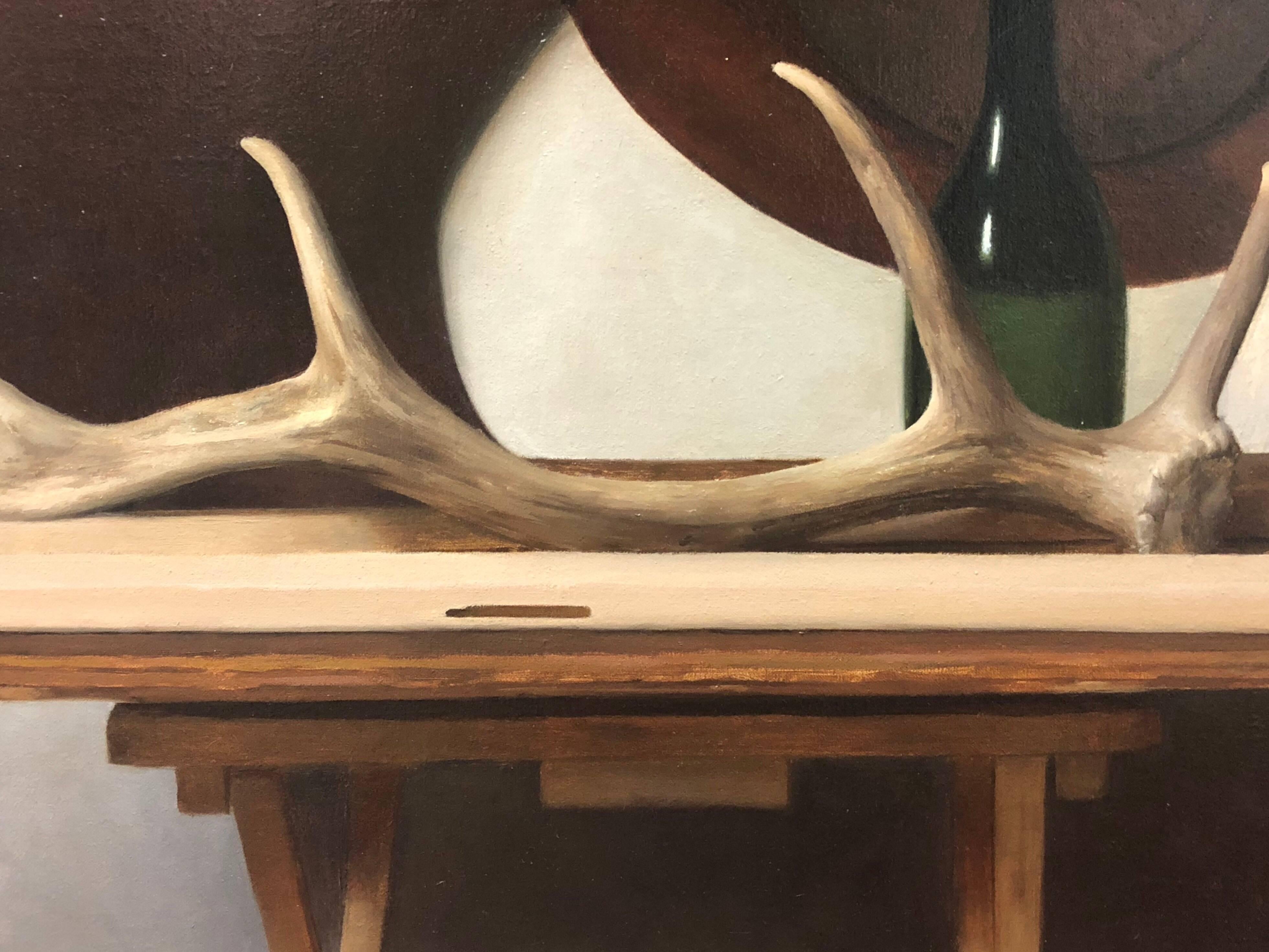 Still Life with Palettes and Horn - Painting by Rodrigo Mateo