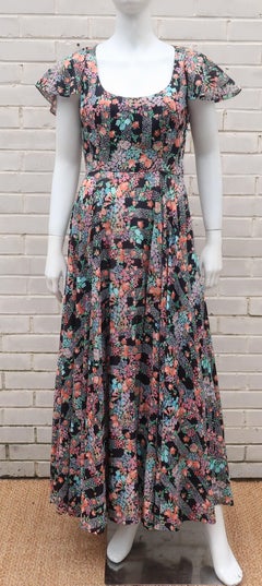 Rodrigues Black Floral Maxi Dress With Built-In Capelet, 1970's